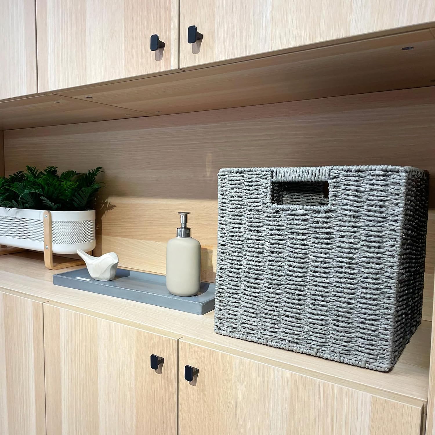 2 Cestas de Almacenaje, Cesta Mimbre Tejidas a Mano Cubo 28CM, Cesta Grande Plegable de Papel de Jacinto de Agua con Asas, Cesto Decorativo para Baño Estanterías Kallax Cocina Gris