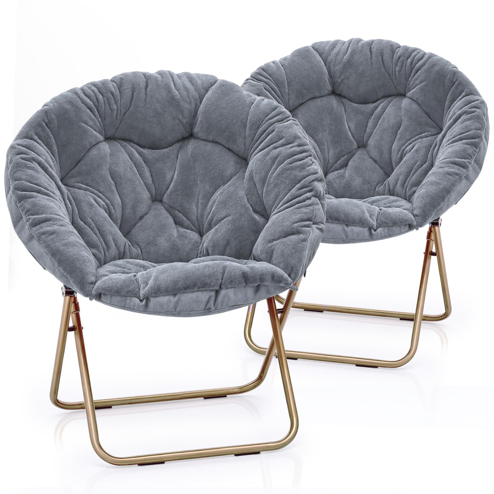 MoNiBloom Round Folding Faux Fur Saucer Chair for Bedroom Living Room Dorm Foldable Metal Frame Oversized Large Comfy Furry Padded Soft Lounge Lazy