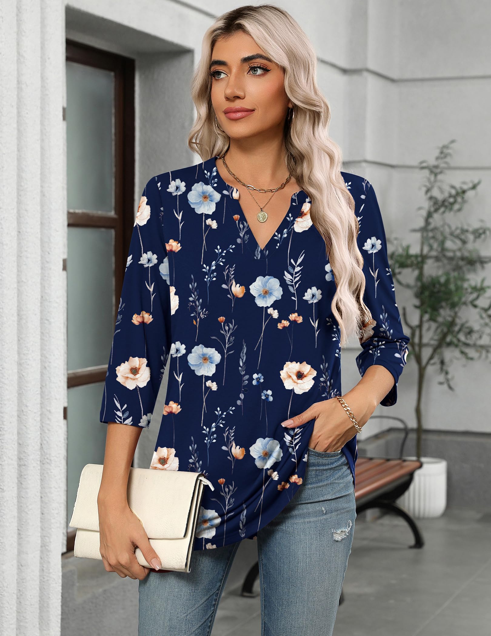 Zeagoo Womens 3/4 Length Sleeve Tops V Neck Tunic Casual Dressy Blouse Floral Printed T Shirts