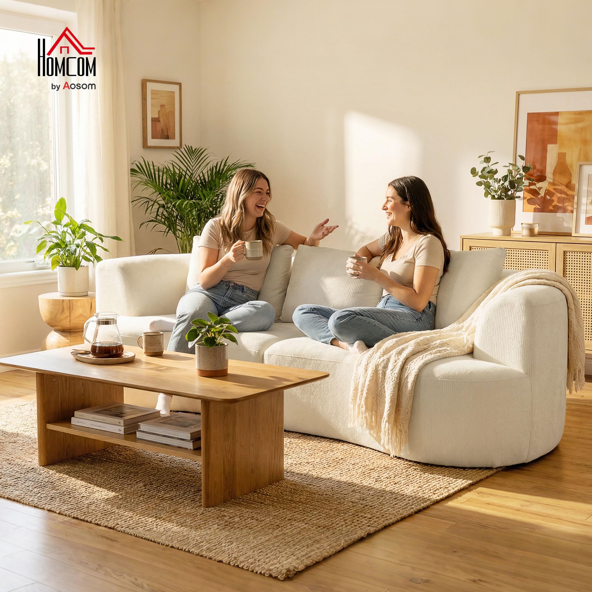 HOMCOM Divano 3 Posti Modulare 260 cm Seduta Ampia Senza Struttura Crema | Imbottitura Spessa, 3 Cuscini, Sofà Compresso Moderno, Ciniglia, Soggiorno, Salotto
