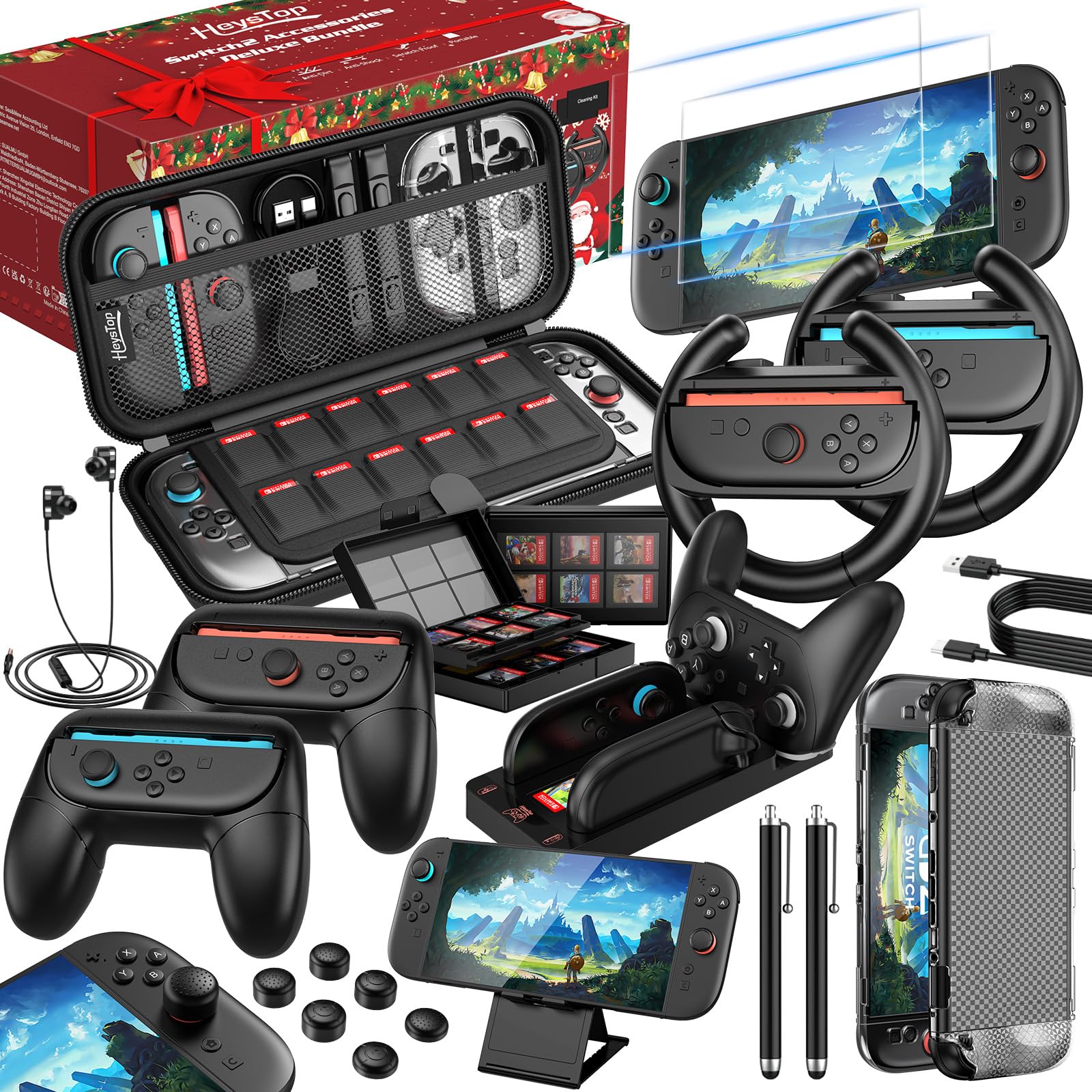 HEYSTOP Switch 2 Accessories Kit for Nintendo Switch 2 Accessories Bundle for Nintendo Switch 2,25 in 1 Game Kit:Carrying Case,Screen Protector,Protective Cover,Grips,Game Box,Earphone,Charging Dock