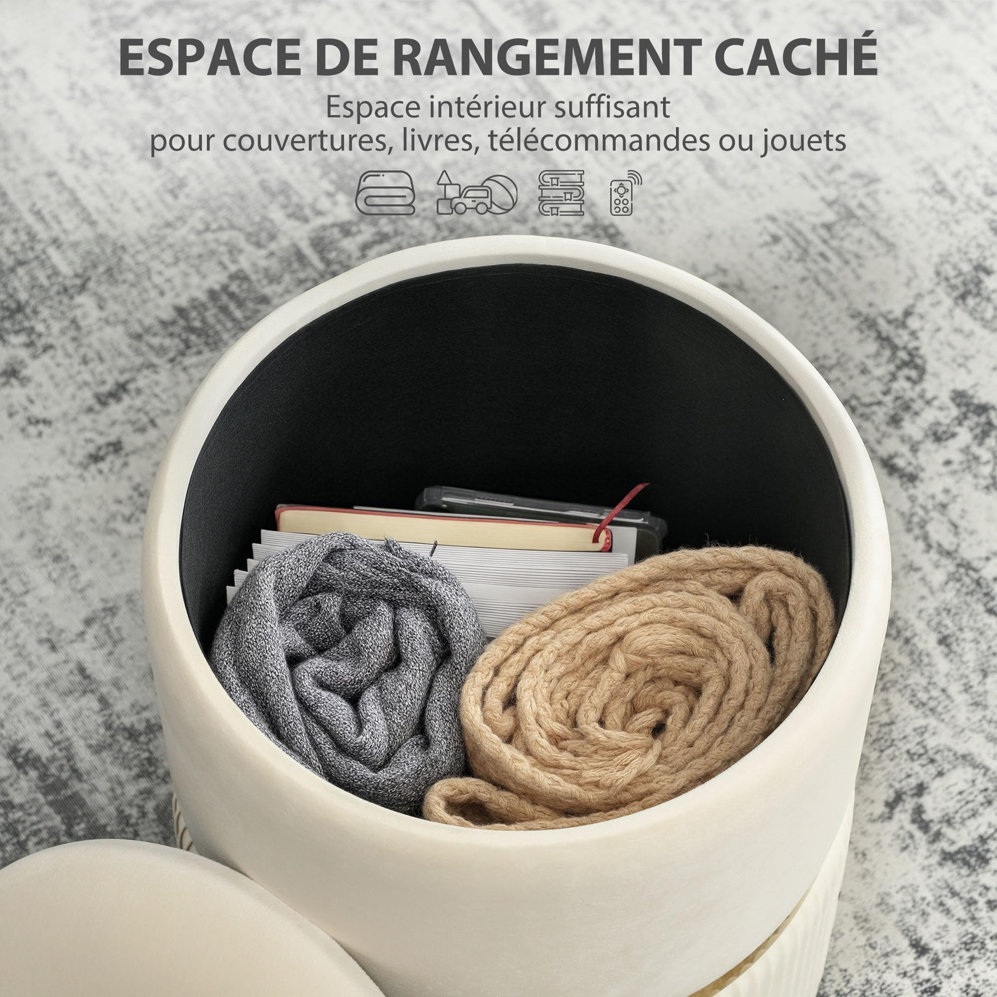 HOMCOM Pouf Tabouret Repose-Pied, Coffre de Rangement, en Velours Côtelé, Design Moderne, 36 x 36 x 44 cm, pour Salon, Chambre, Beige