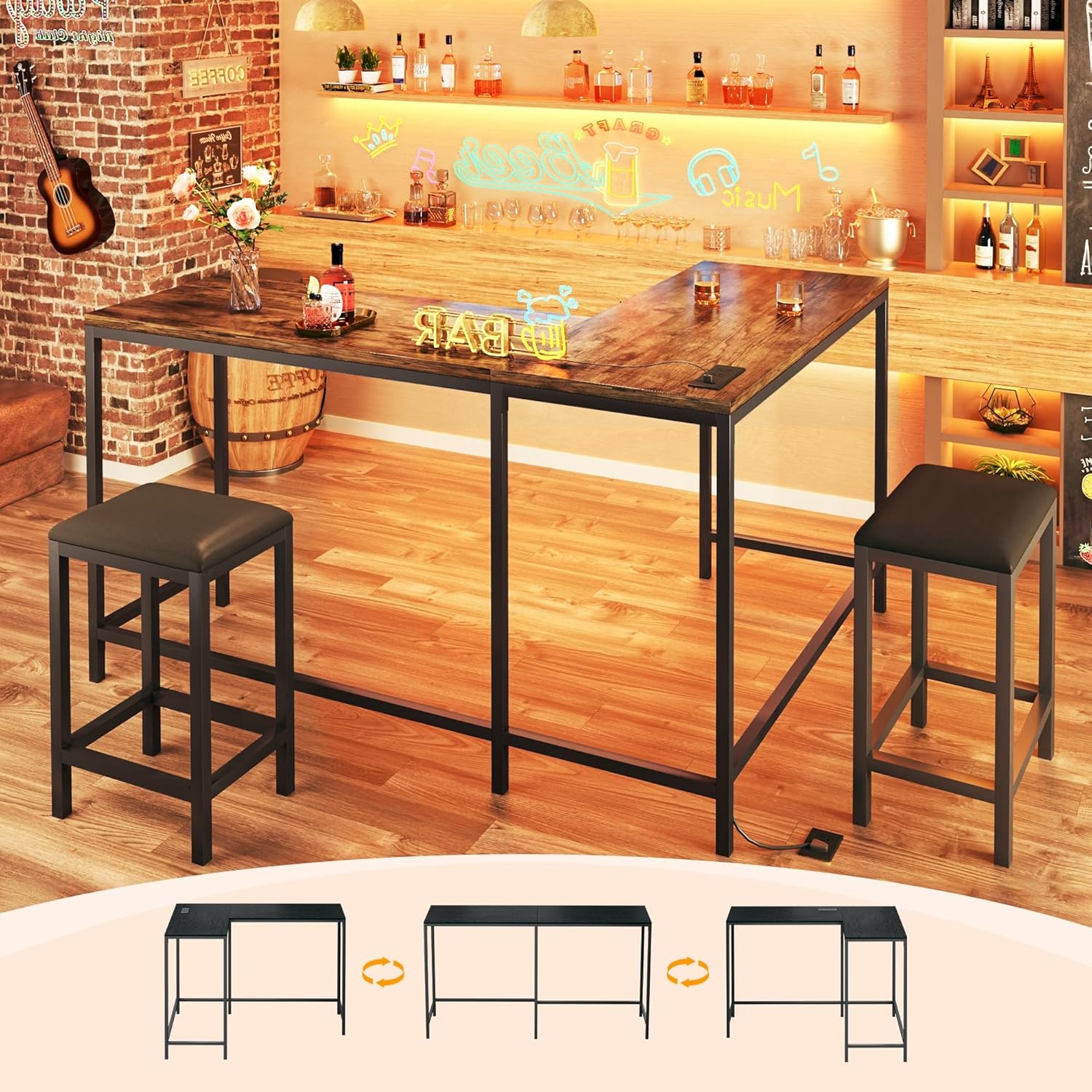 L Shaped Bar Table with Stools, 63‘’ Bar Height Table with Power Outlets, Convertible Corner Counter Height Bar Table with 2 Stools, Rectangular High Top Table for Small Spaces, Breakfast Nook, Rustic