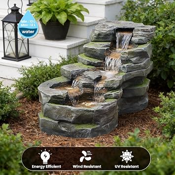 Sunlinua 5-Tier Stone-Look Resin Outdoor Water Feature with LED Lights – 78 cm Cascading Waterfall Fountain, Garden Ornament for Patio, Backyard, Balcony & Home Decor, Gray