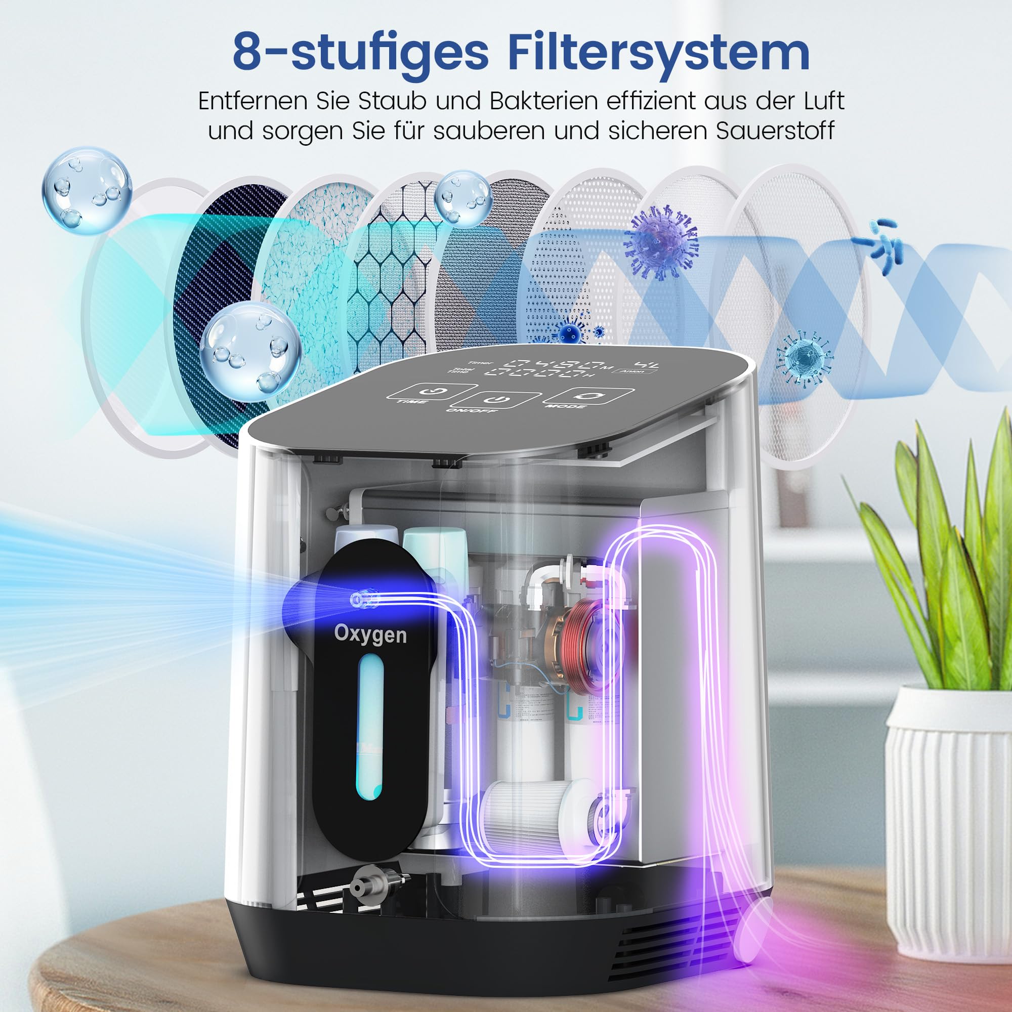 Tragbarer Sauerstoffgerät für Zuhause, 1-4L/min Einstellbar, 90% Sauerstoffkonzentration, Sauerstoffkonzentrator für Reisen, Büro und Alltag, 2.6 kg Leicht & Kompakt, Timerfunktion, LCD-Bedienung