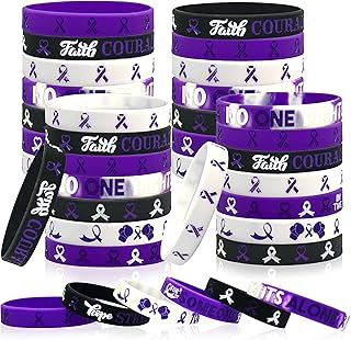 30 Pcs Purple Ribbon Bracelets Hope Strength Faith Courage Awareness Silicone Wristbands Raise Awareness for Animal Abuse, Alzheimer's, Lupus and Pancreatic Cancer Party Favors Gifts (PURPLE)