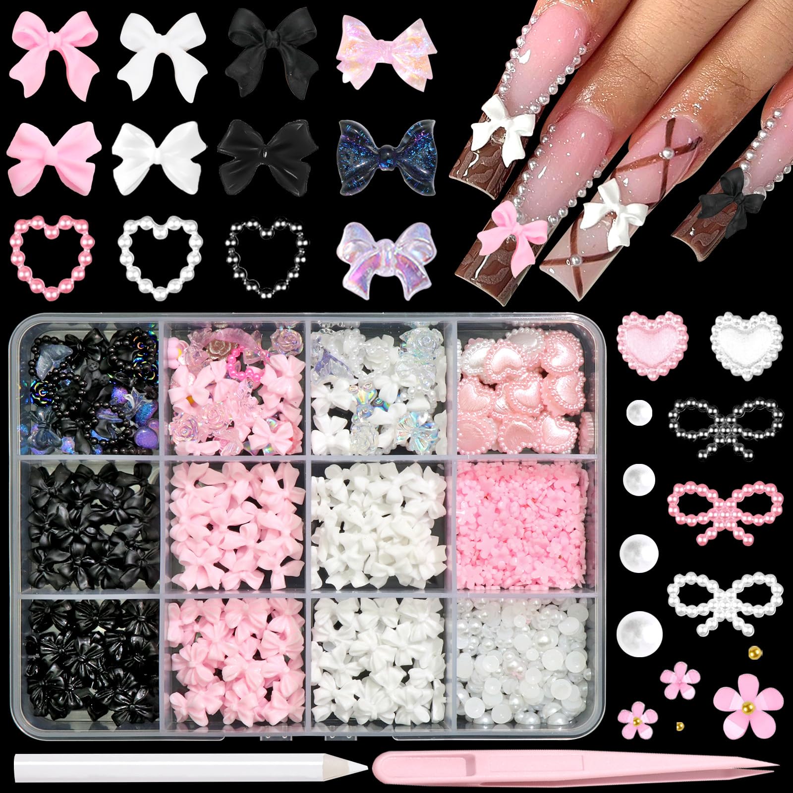 BELICEY 600PCS 3D Nail Charms and Flatback Pearls 3 Colors Bows Nail Art Charms Flower Heart Shaped Charms for Nails Cute Kawaii Pretty Nail Beads