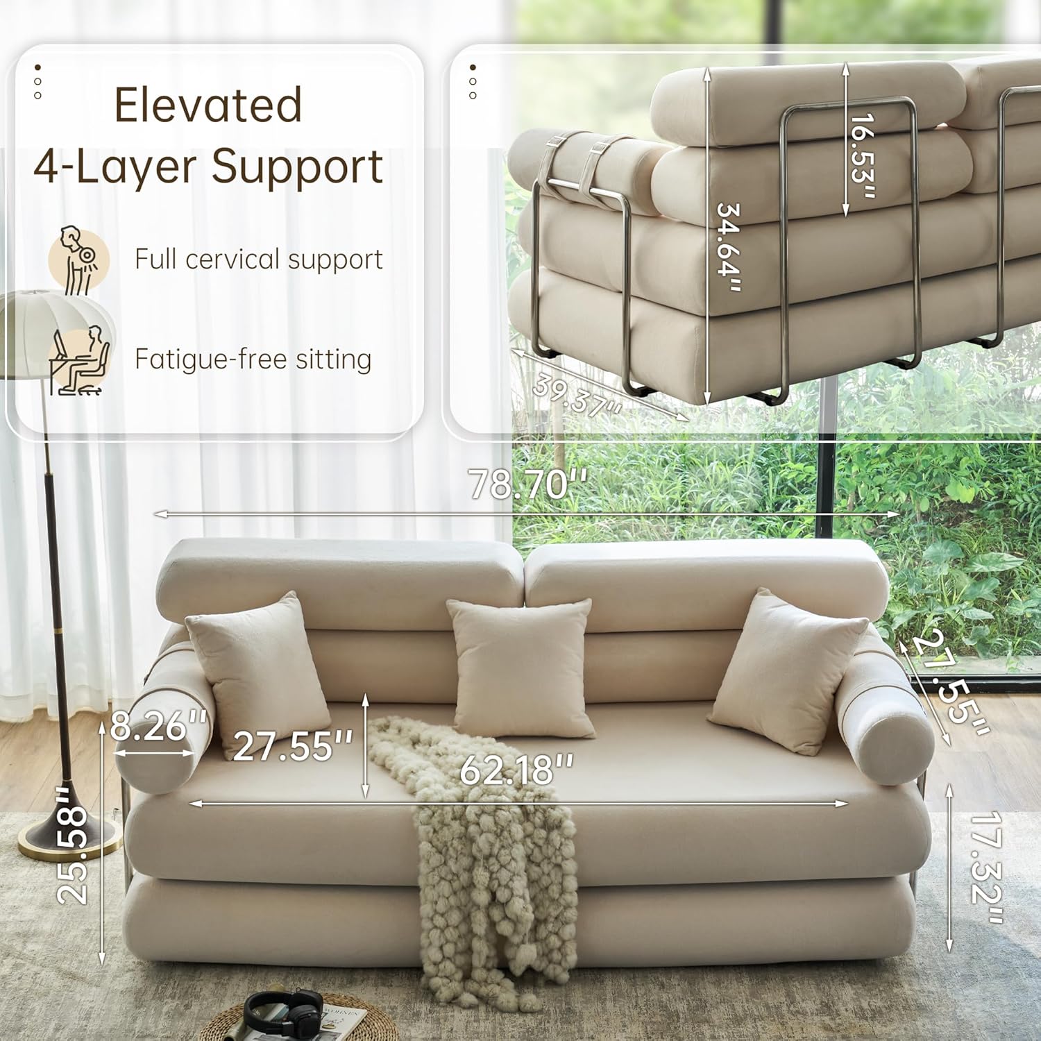 YINIX 78" Convertible Sleeper Sofa Bed - High-Back Floor Couch - Folding Sofa Bed with Rounded Arm Supports - Foldable Sofa Lounge Couches for Living Room Bedroom - Ivory