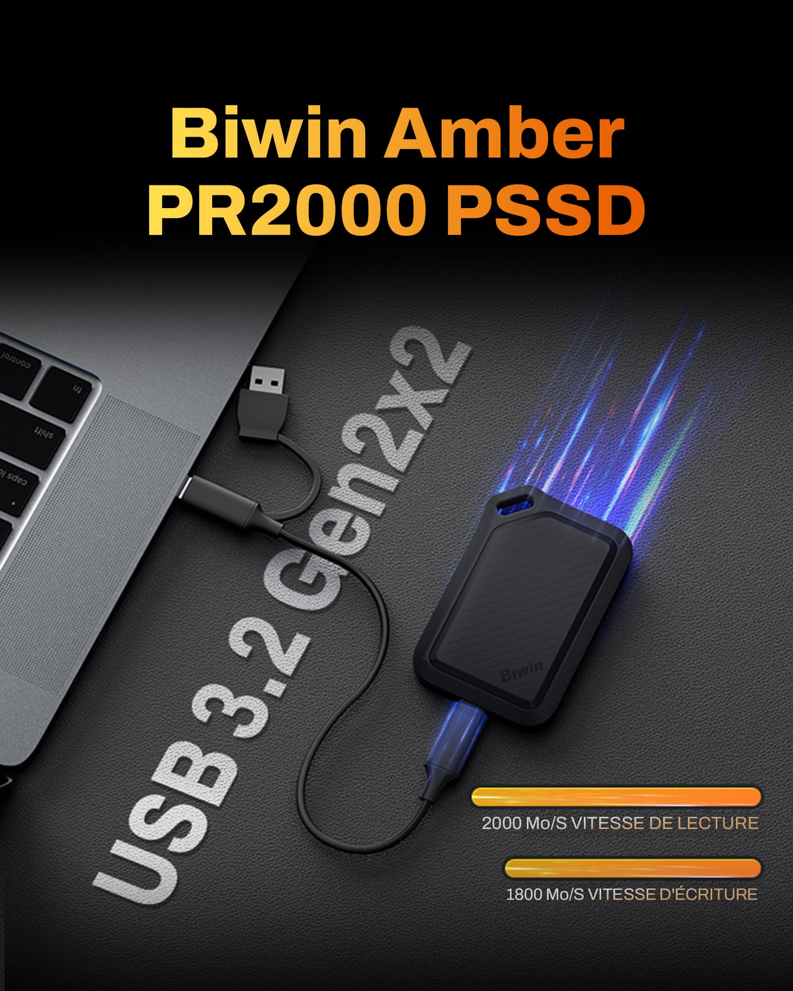 Biwin Disque SSD Externe PR2000 2 to, jusqu'à 2000 Mo/s, IP67 étanche à la poussière et à l'eau, Portable SSD, USB-C USB3.2 Gen2x2, Noir