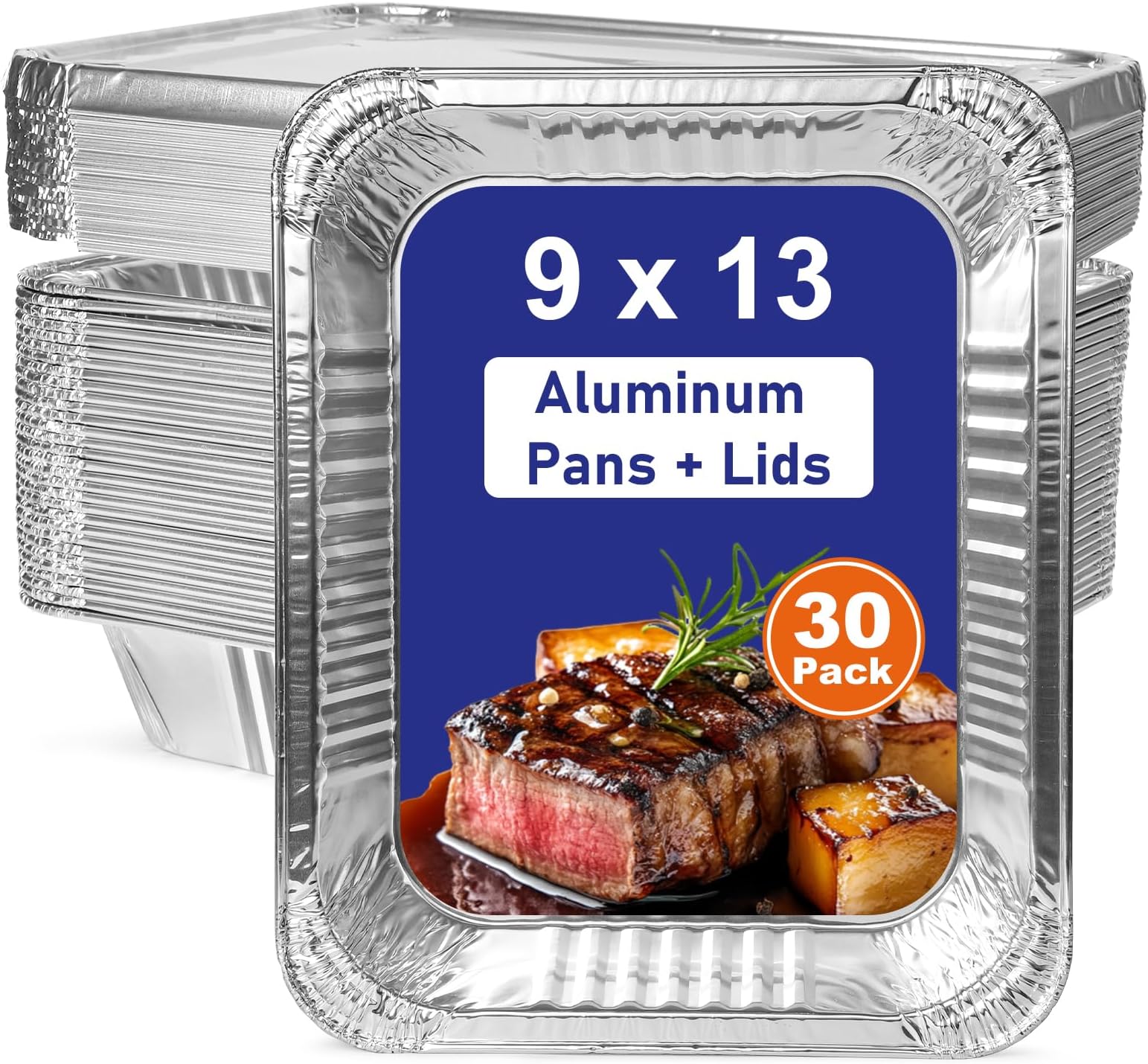 9x13 Aluminum Pans with Lids, 30 Pack Extra Heavy Duty Large Foil Pans, Disposable Aluminum Trays for Baking, Cooking, Roasting Turkey, Food Prepping