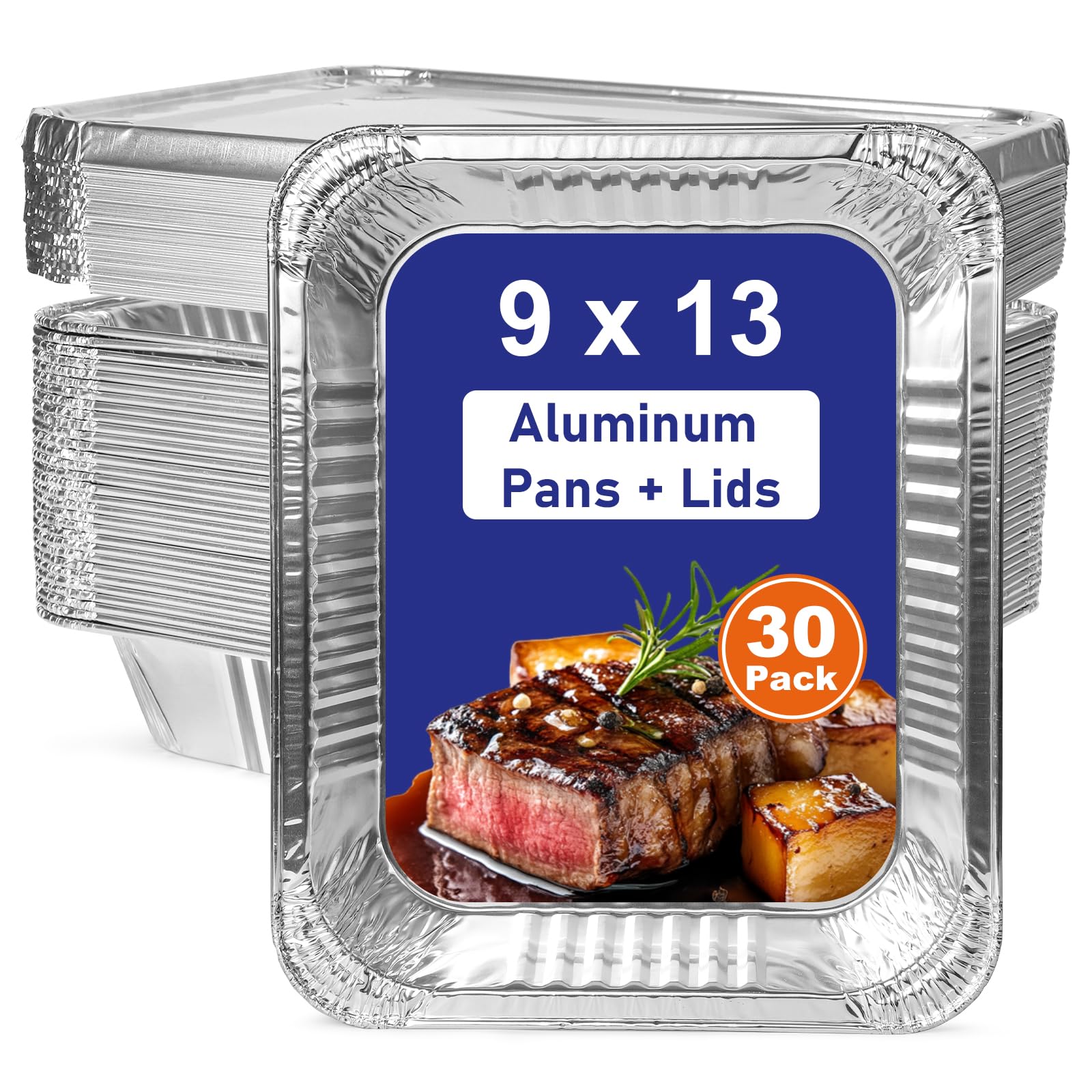 Große Aluminiumpfannen mit Deckel: 30 Stück, extra robuste Folienpfannen 22,9 x 33 cm, Einweg-Aluminiumschalen zum Backen, Kochen, Braten von Truthahn, Lebensmittelzubereitung
