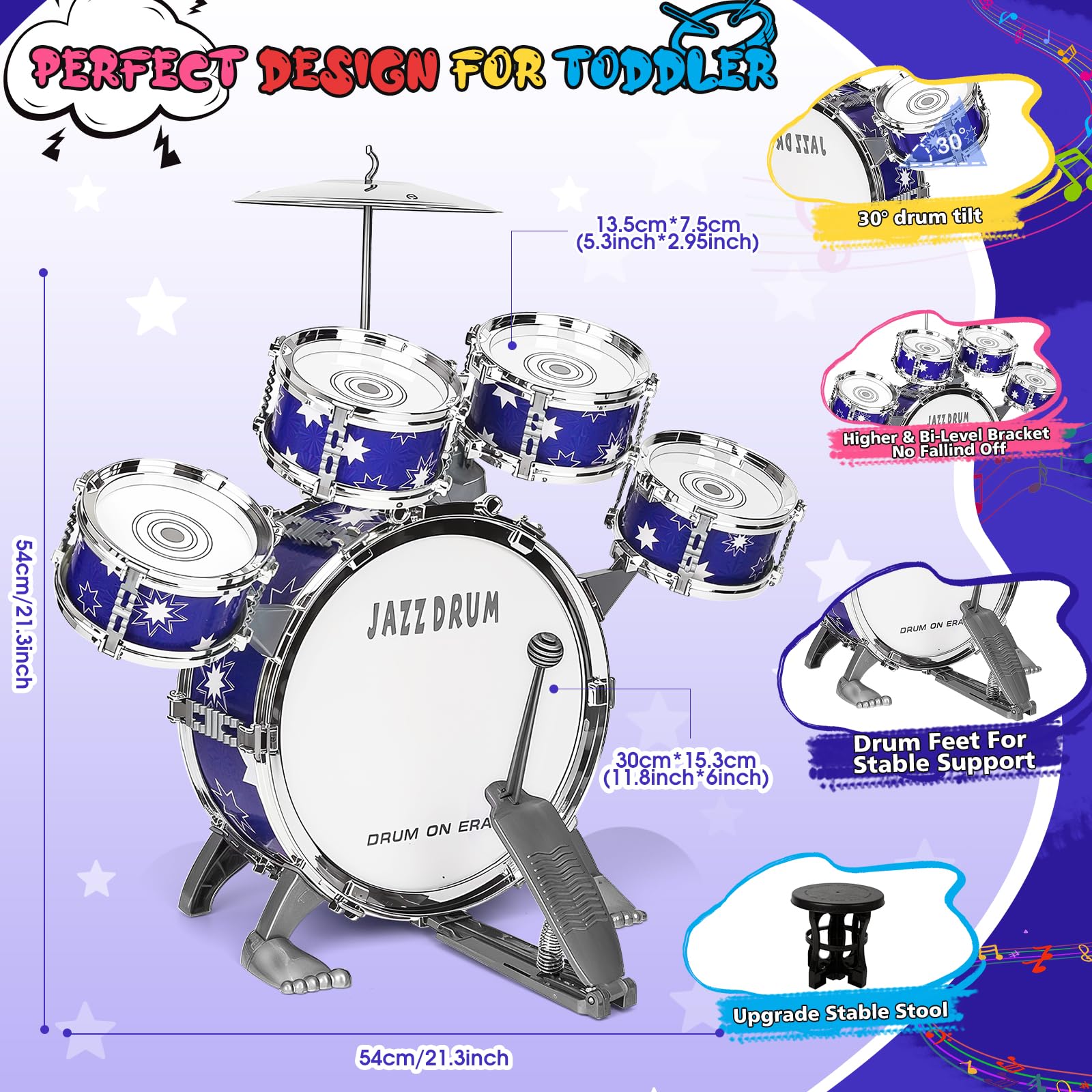 Upgrade Giocattolo Batteria Bambini 2-4 Anni Kit Batteria Jazz per Bambini con Sgabello, Giocattolo Strumento Musicale per Ragazze Ragazzi di 3 4 5 Anni Regalo
