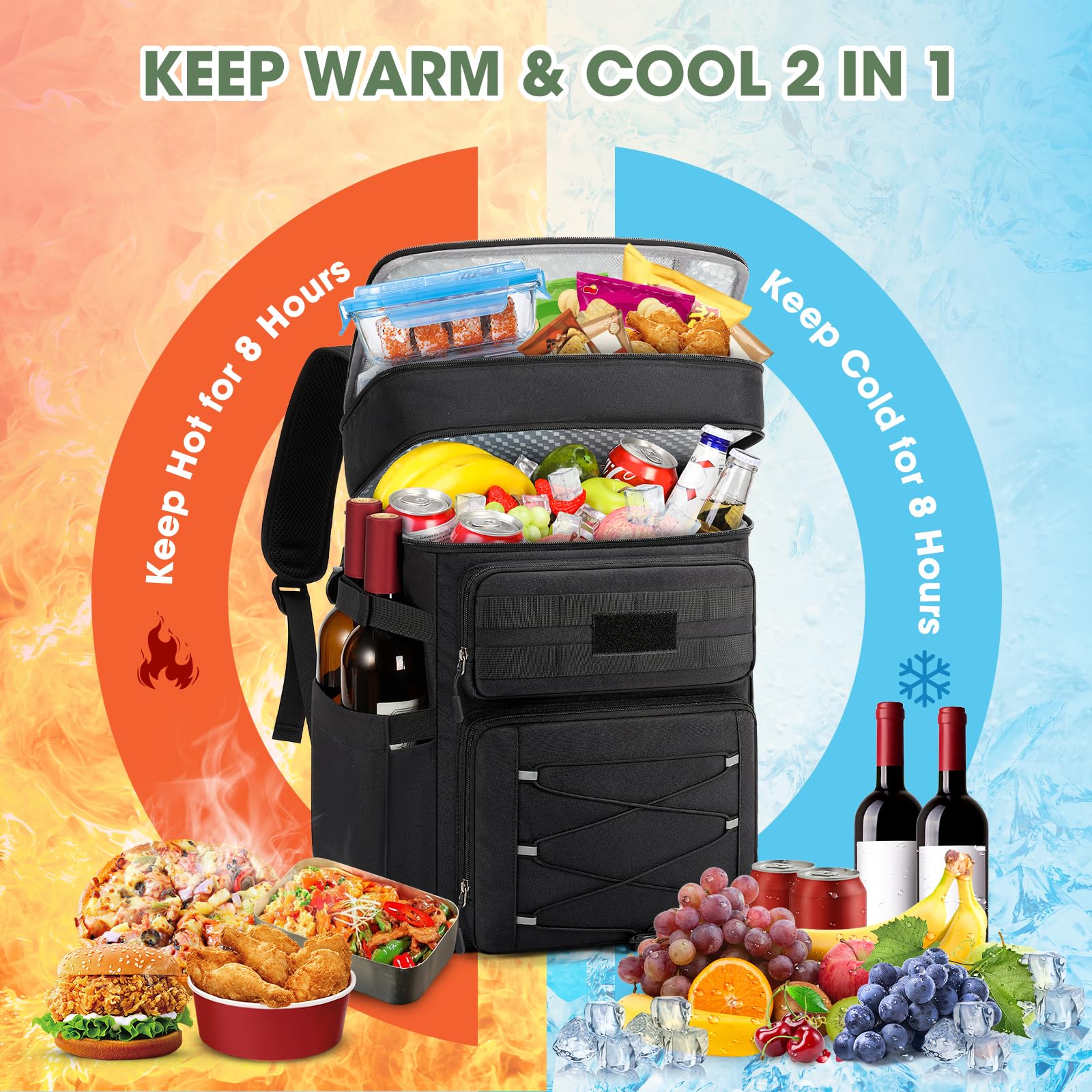 RAINSMORE Zaino Frigo Termico 30L Doppia Zona Impermeabile Nero