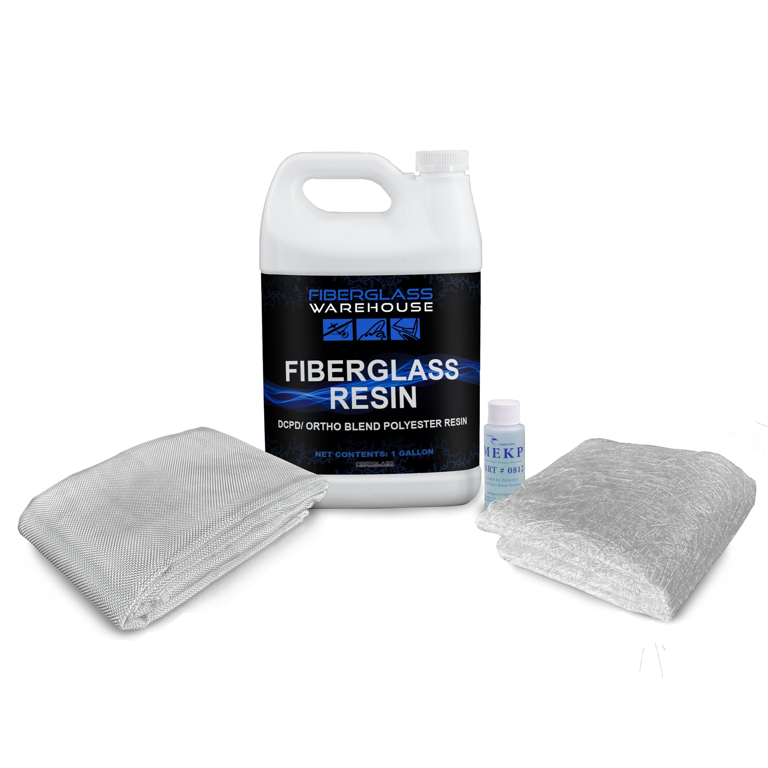 Fiberglass Warehouse Repair Kit- Fiberglass Resin Gallon with 3 Yards of 6 oz x 50" Fiberglass Cloth and 3 Yards 1.5 oz x 50" Chopped Strand Mat. Includes Hardener. Great for Boats, Auto, RV