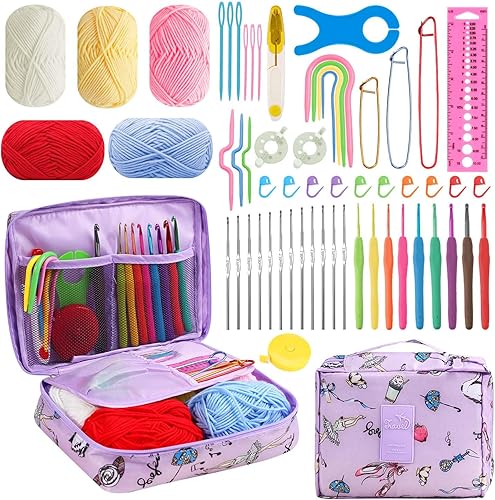 HATINXIA Kit de 58 piezas de ganchillo para principiantes, juego de ganchos de ganchillo con hilo, kit de ganchillo portátil para principiantes,