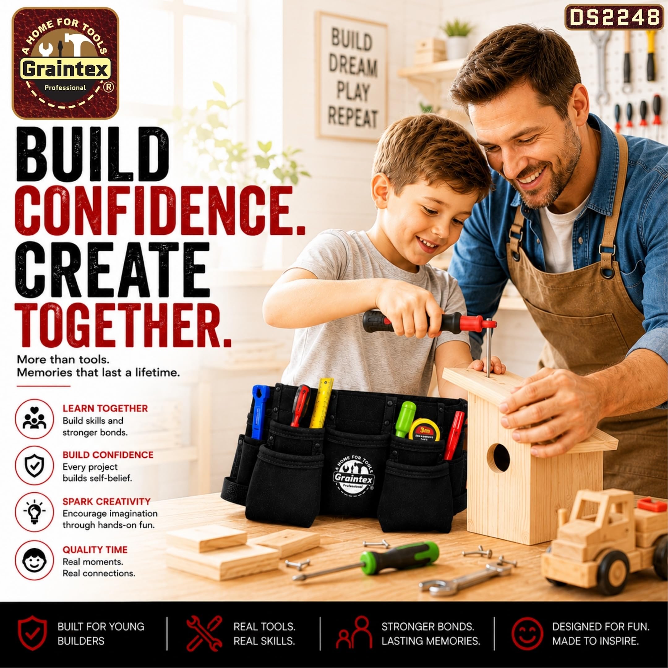 Graintex DS2248 Delantal de trabajo para niños con 9 bolsillos, color negro, piel de ante con cinturón de cuero de 1.1/2 pulgadas, 2 trabillas para soportes de martillo