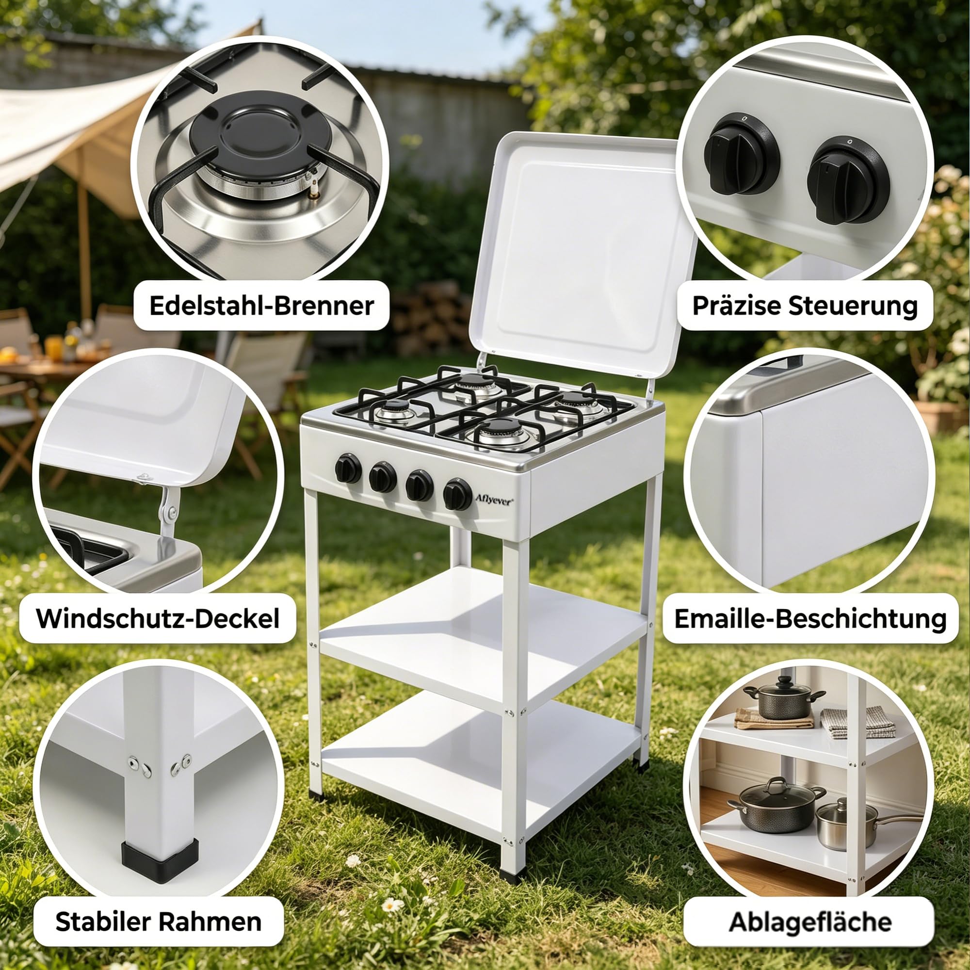 Freistehender Camping-Gasherd mit zwei oder vier Kochstellen und Ablage – ein freistehender Outdoor-Herd, geeignet für den Einsatz im Garten, auf dem Balkon und auf Campingplätzen (Schwarz)