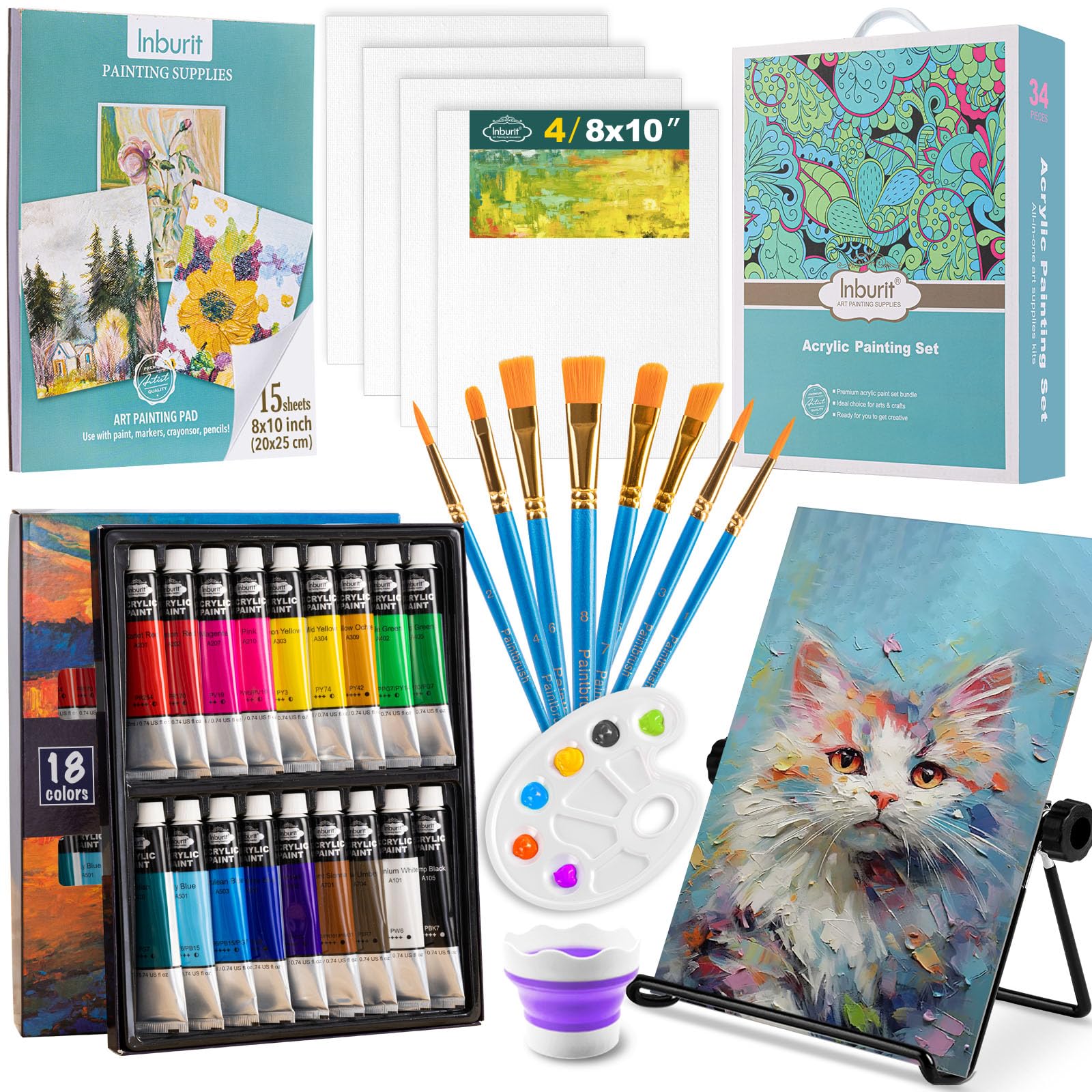 Inburit Set di colori acrilici, set da pittura con 18 colori acrilici (22 ml), tela e pennello, ideale per adulti, principianti per tela, pietre, legno
