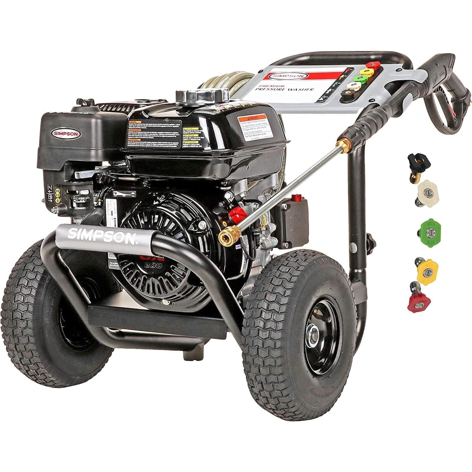 SIMPSON Cleaning PS3228 PowerShot 3300 PSI Gas Pressure Washer, 2.5 GPM, Honda GX200 Engine, Includes Spray Gun and Extension Wand, 5 QC Nozzle Tips, 5/16-inch x 25-foot MorFlex Hose, 49-State