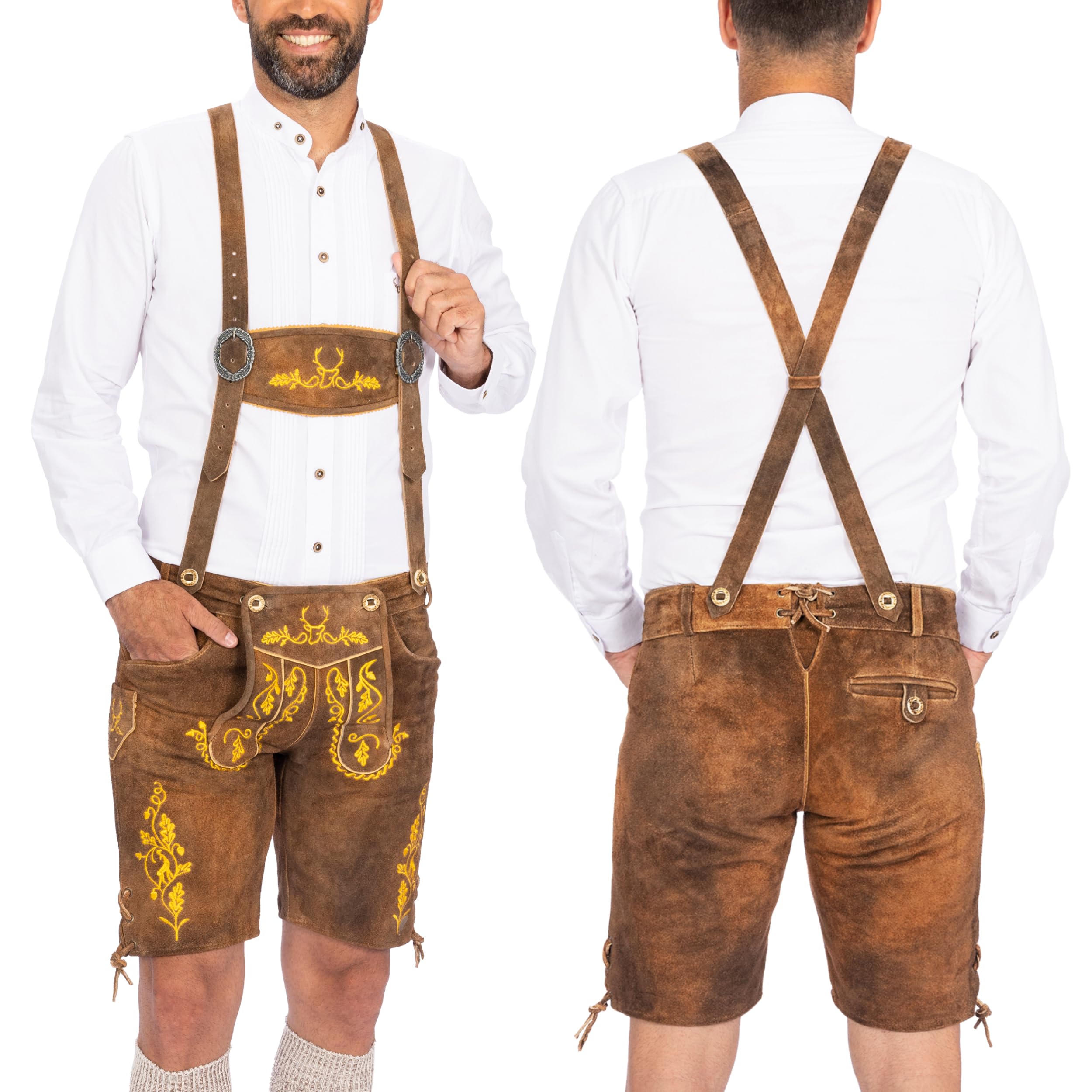 BAVARIA TRACHTEN Lederhosen Men - Genuine Leather Authentic German Lederhosen for Men Oktoberfest Outfit - Light Brown Knee