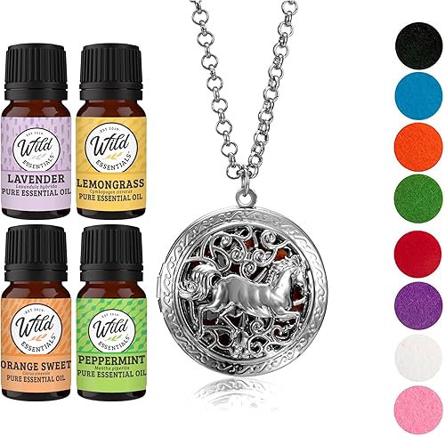 Wild Essentials - Kit difusor de aceite esencial de collar de caballo salvaje con lavanda, citronela, menta, aceites de naranja, 8 almohadillas de