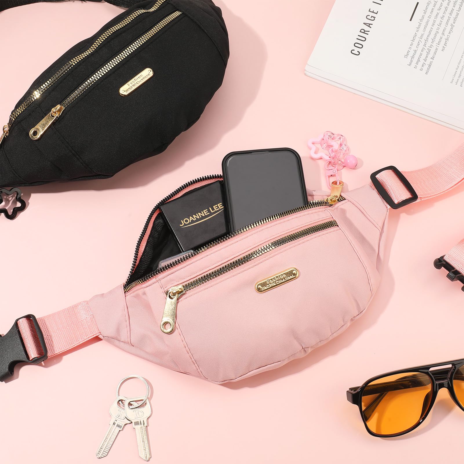 2pcs Sac Banane Femme et Homme Sac Ceinture Running pour Téléphone Portable Sacoche Banane Voyage avec Sangle Réglable pour Voyage, Sport, Cour se à Pied, Randonnée, Rose et Noir