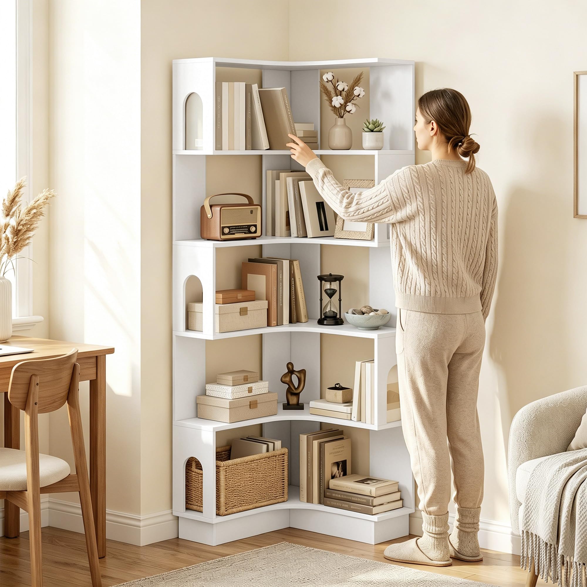 HOMCOM Bibliothèque d'angle, étagère de Rangement à 6 Niveaux avec Panneaux latéraux arqués, Style Moderne, Meuble de Rangement pour Bureau, Salon, Chambre, 60 x 60 x 165,5 cm, Blanc