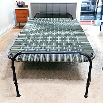 Painted Single Folding Bed Size 3X6Ft Iron Frame With Nylon Niwar Home Outside Picnic Use Spacesaving Folding Cot, Multicolour