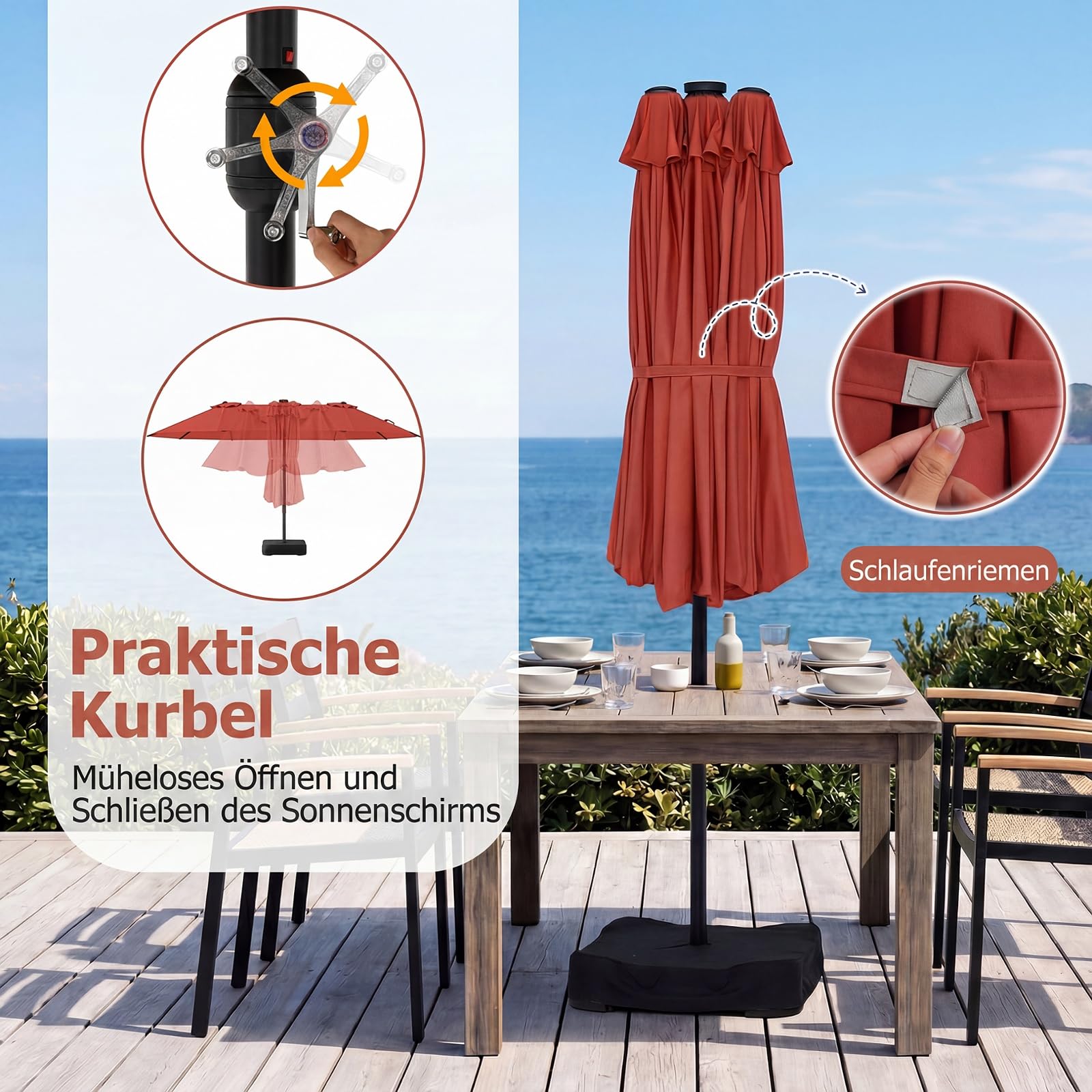 RELAX4LIFE Doppelsonnenschirm mit Ständer & LED-Solar-Beleuchtung, 450 x 260 cm, extra großer Sonnenschirm, UPF 50+, Gartenschirm mit Kurbel, Marktschirm Sonnenschutz für Garten & Terrasse (Orange)