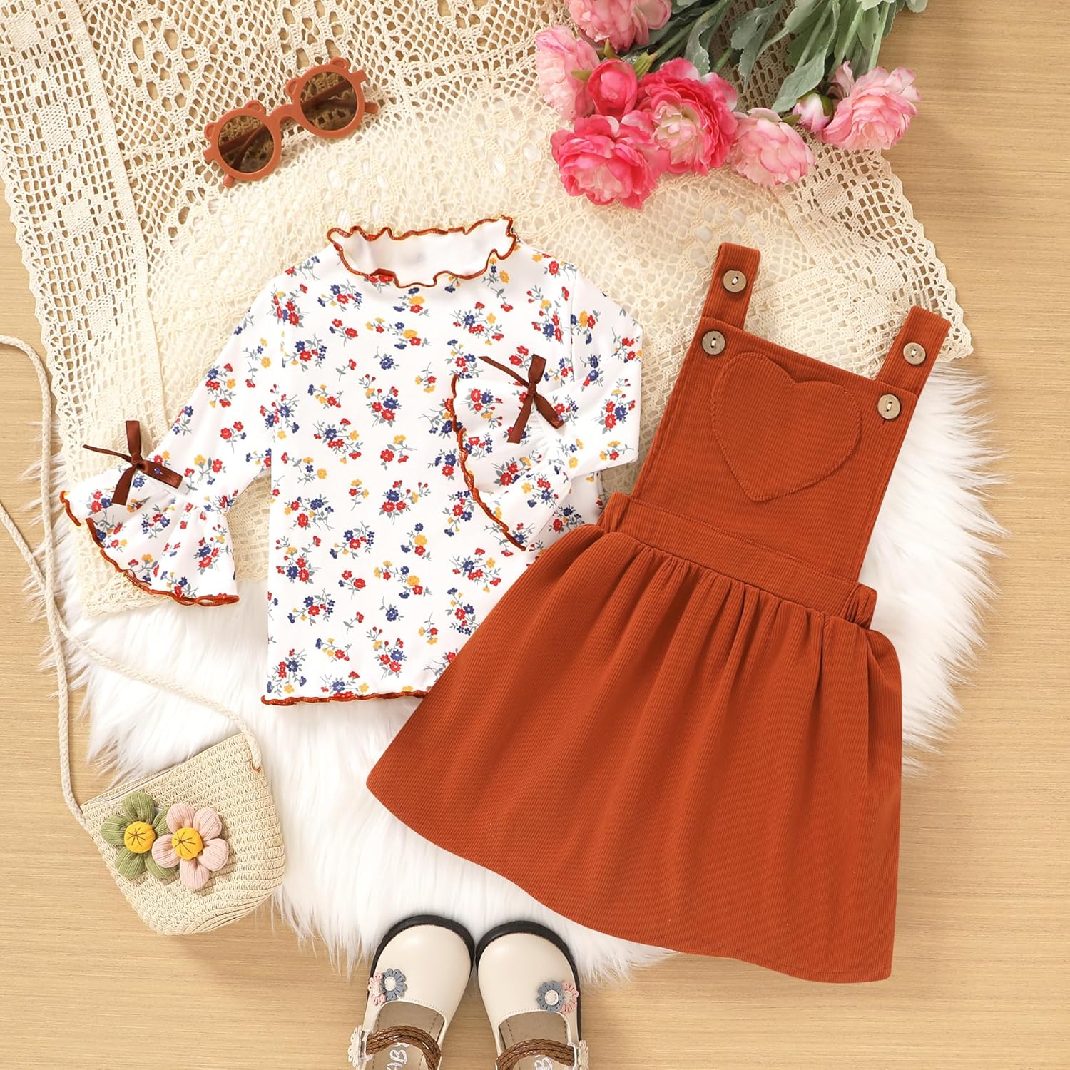 Toddler Baby Girl Fall Overall Dress 3/4 Flare Sleeve Shirt Corduroy Skirt Jumper 2Pcs Autumn Outfit Sets 1-5T - Image 3