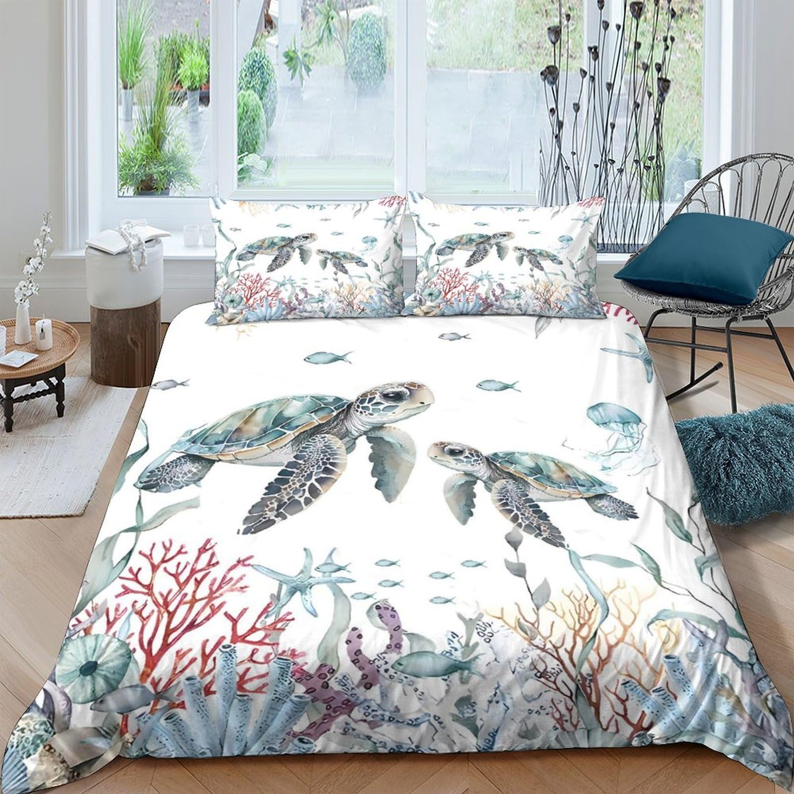 XFKLYNVCJ 3D Printed Sea turtles underwater Quilt Cover Microfiber Watercolor ocean Duvet Cover Wrinkle Free Fade Resistant Quick Drying Hypoallergenic for Family Home Use Double（200x200cm）