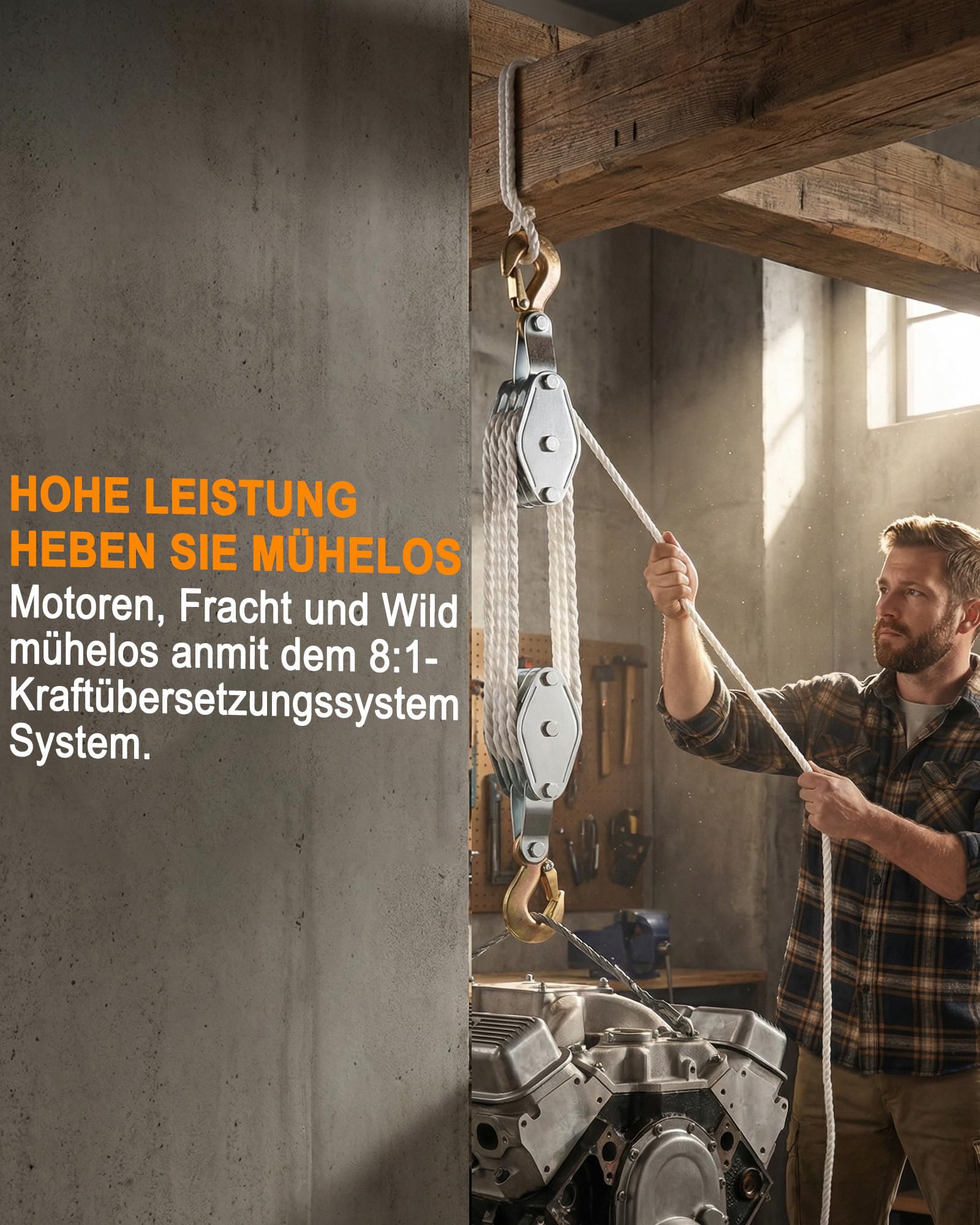 Schwerlast Flaschenzug mit 20m Nylon: Flaschenzug 4400 LB Tragkraft Manuelle Hubseile 8:1 Arbeitssparender Flaschenzug Hochleistungs-Seilzug für Garagen Lagerhallen (1, silber)