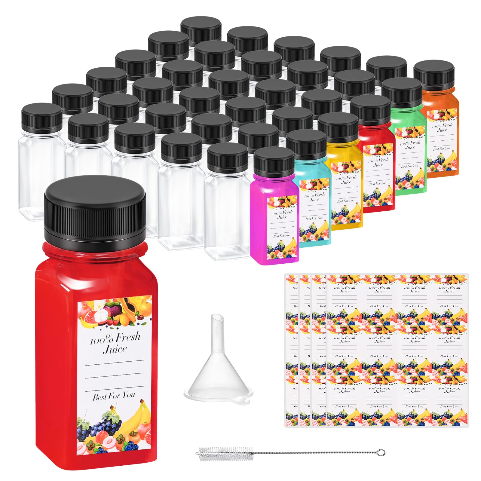 36pcs 2oz Shot Bottles with Caps, Empty Juice Bottles for Juicing, Reusable Containers with Labels, Funnel and Brush for Milk Ginger Shots Drinking