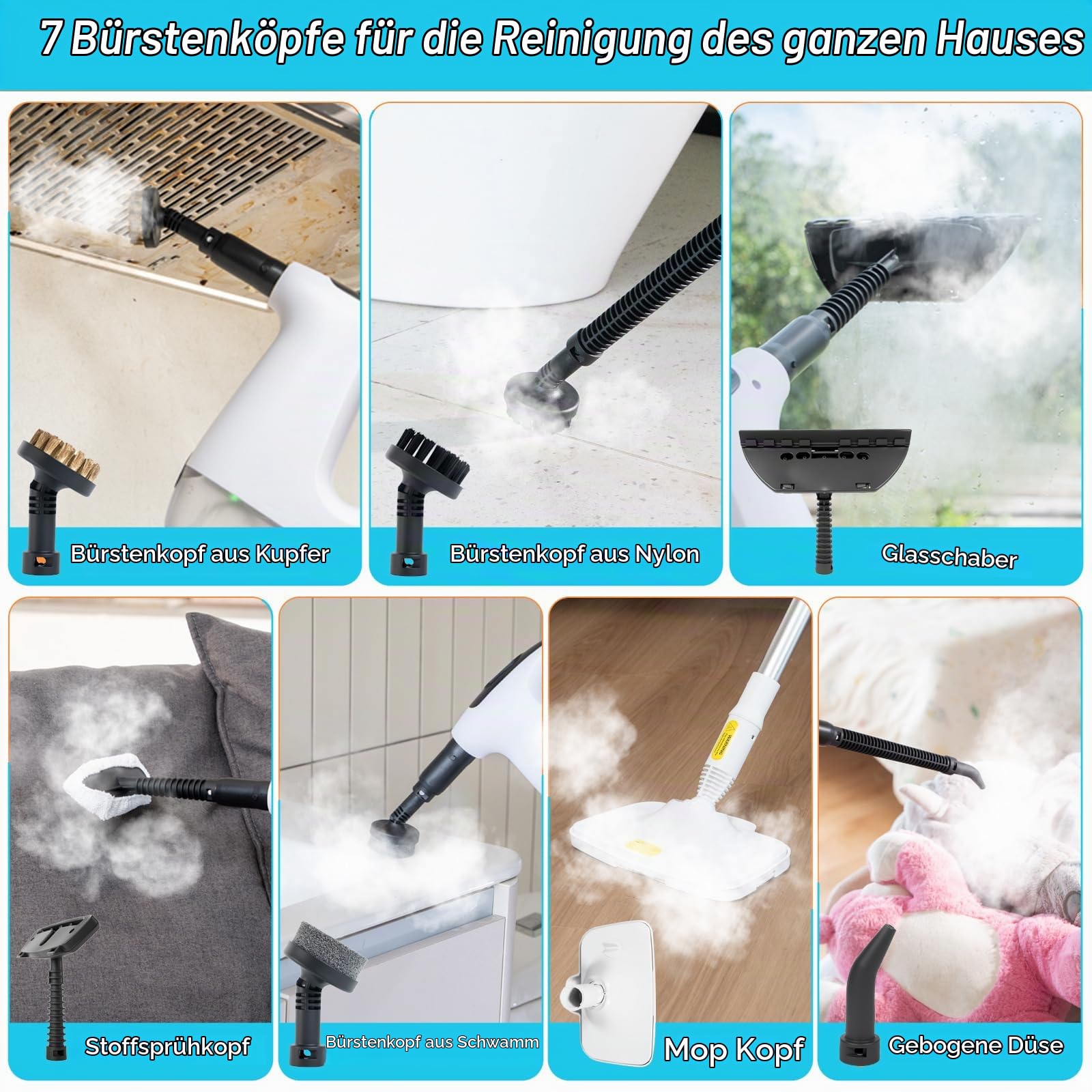 Multifunktionaler Dampfreiniger & Wischmopp, 15S Schnelle Aufheizung Dampfwischer, 230°F Heißdampf, Dampfreiniger & Dampfbesen für Alle Böden, Teppiche, Fenster, Badezimmer und Küchen