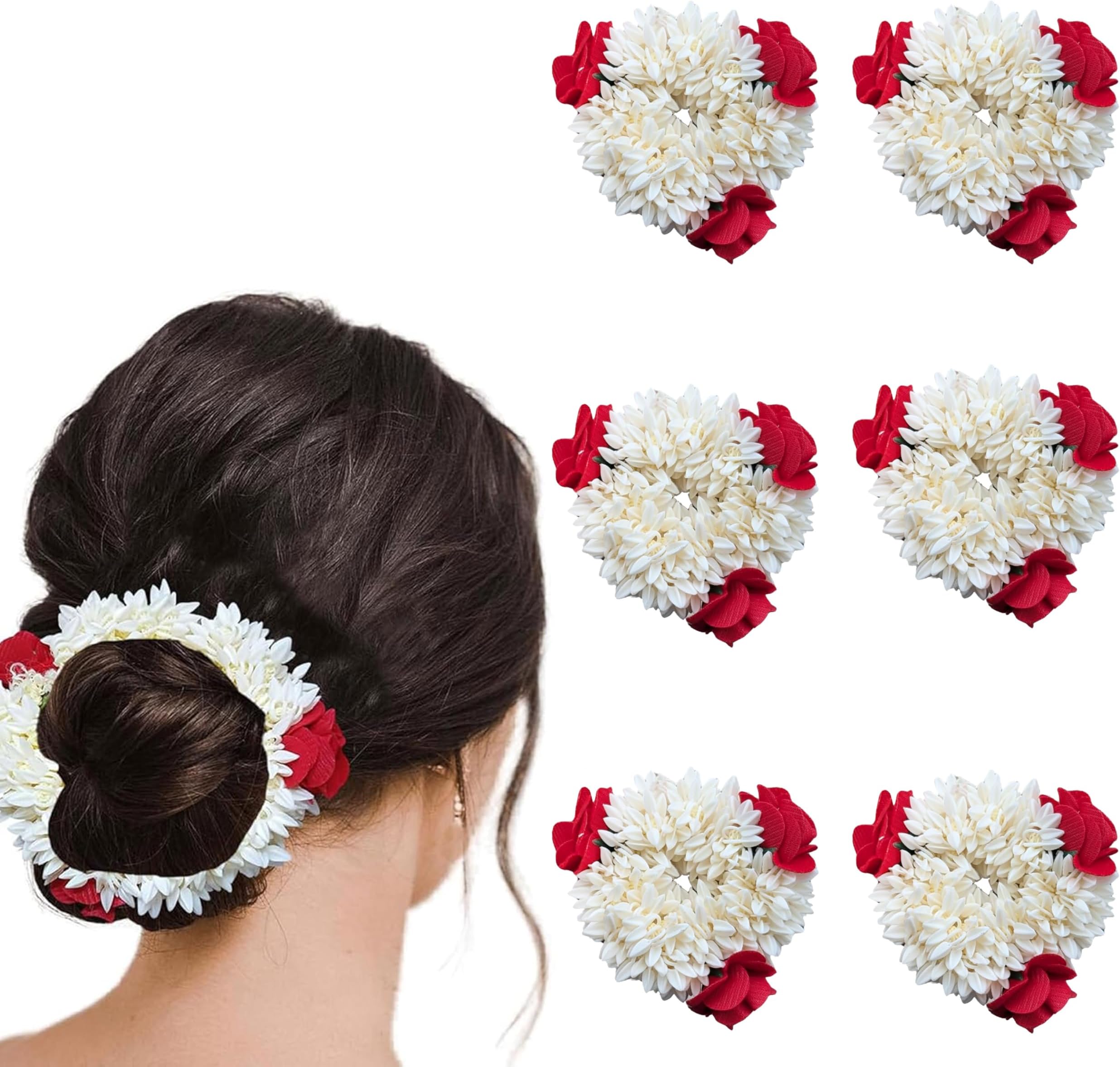 Mogra Gajra Scented 6pcs Artificial Flower Hair Accessories Scrunchies with Red Petals Bracelet Bun Juda & Ponytail Wedding Jewellery Reusable Gajras Gift for Women (White,Red)