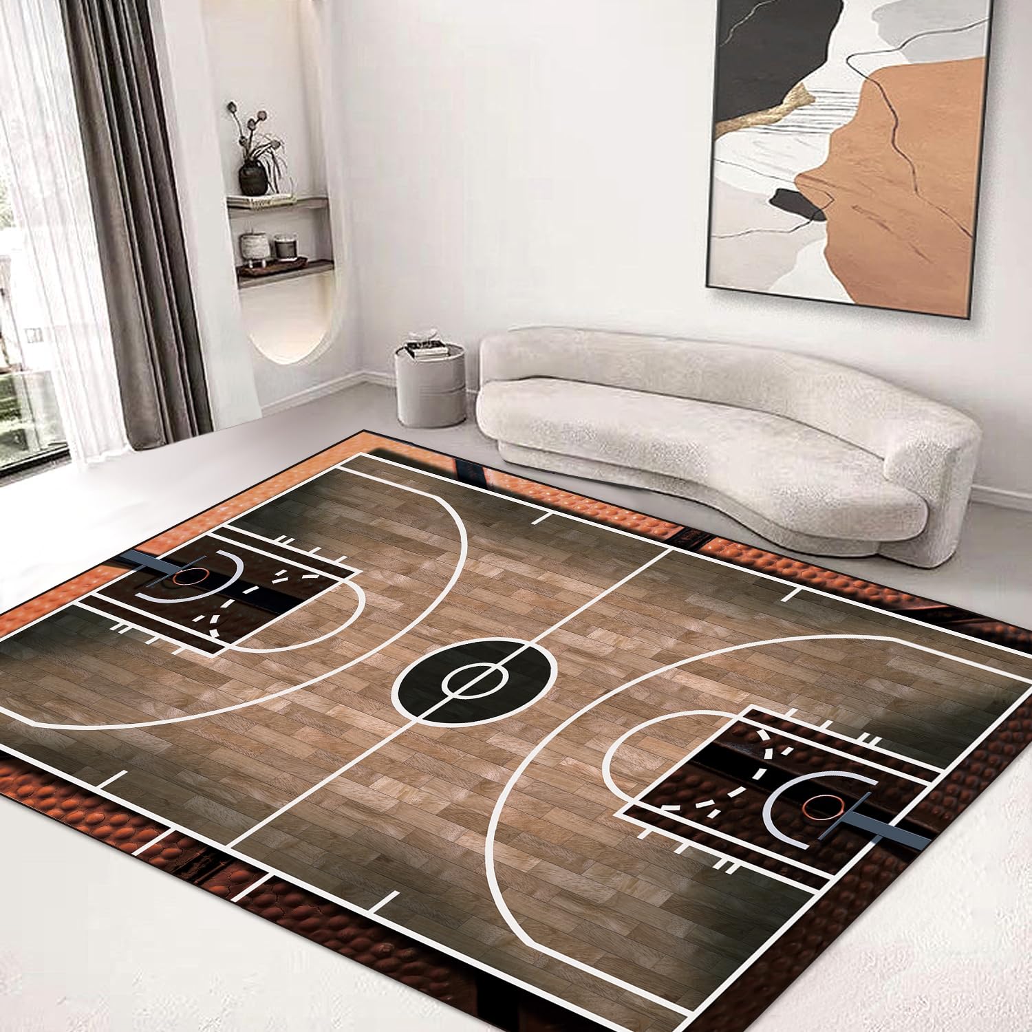 Sports Area Rug 5'x6' Floor Mat Non-Slip Kids Rugs Washable for Living Room Dining Dorm Room Bedroom Home Decor Carpet Basketball Court Wooden Floor