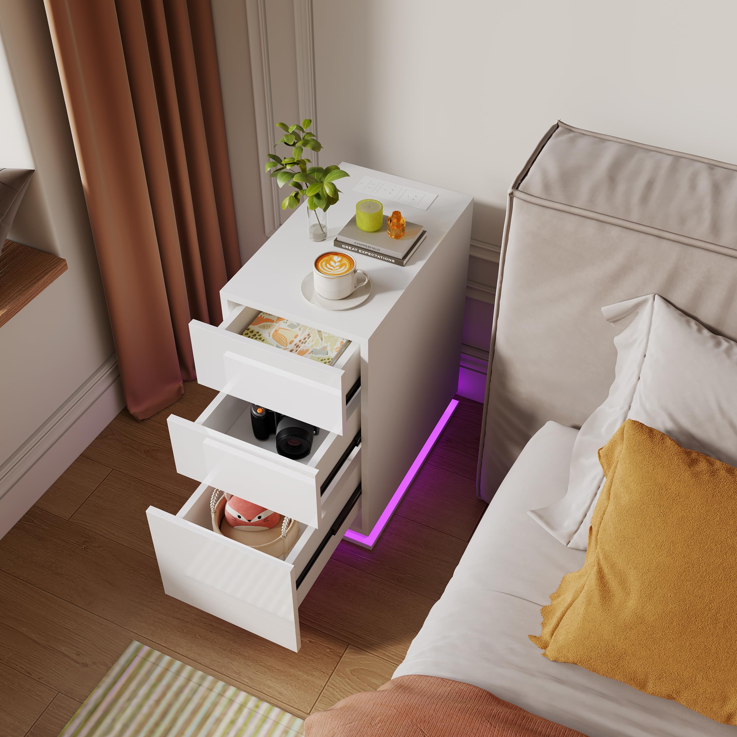 ChromaCasa Bedside Table with Charging Station 2AC + 2USB,50x30x63cm,Bedside Cabinet with RGB LED Light Strip, Nightstand with 3 Glossy Drawers and Remote Control for Bedroom Living Room — image 1