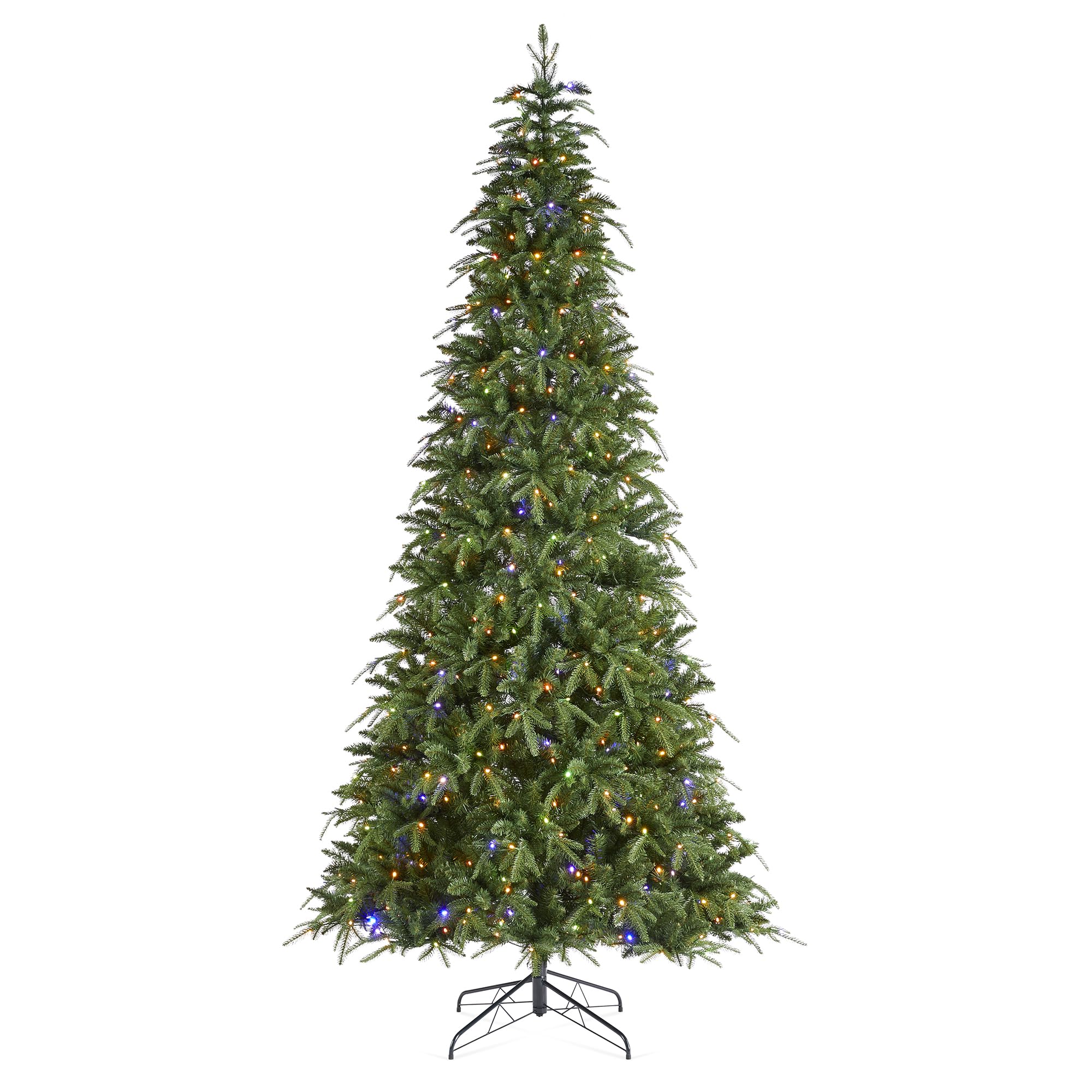 Glitzhome 9ft Pre-Lit Slim Artificial Christmas Tree Green Fir Holiday Decor with 650 LED Warm White/Multi-Color Lights, Remote Control, 9 Lighting