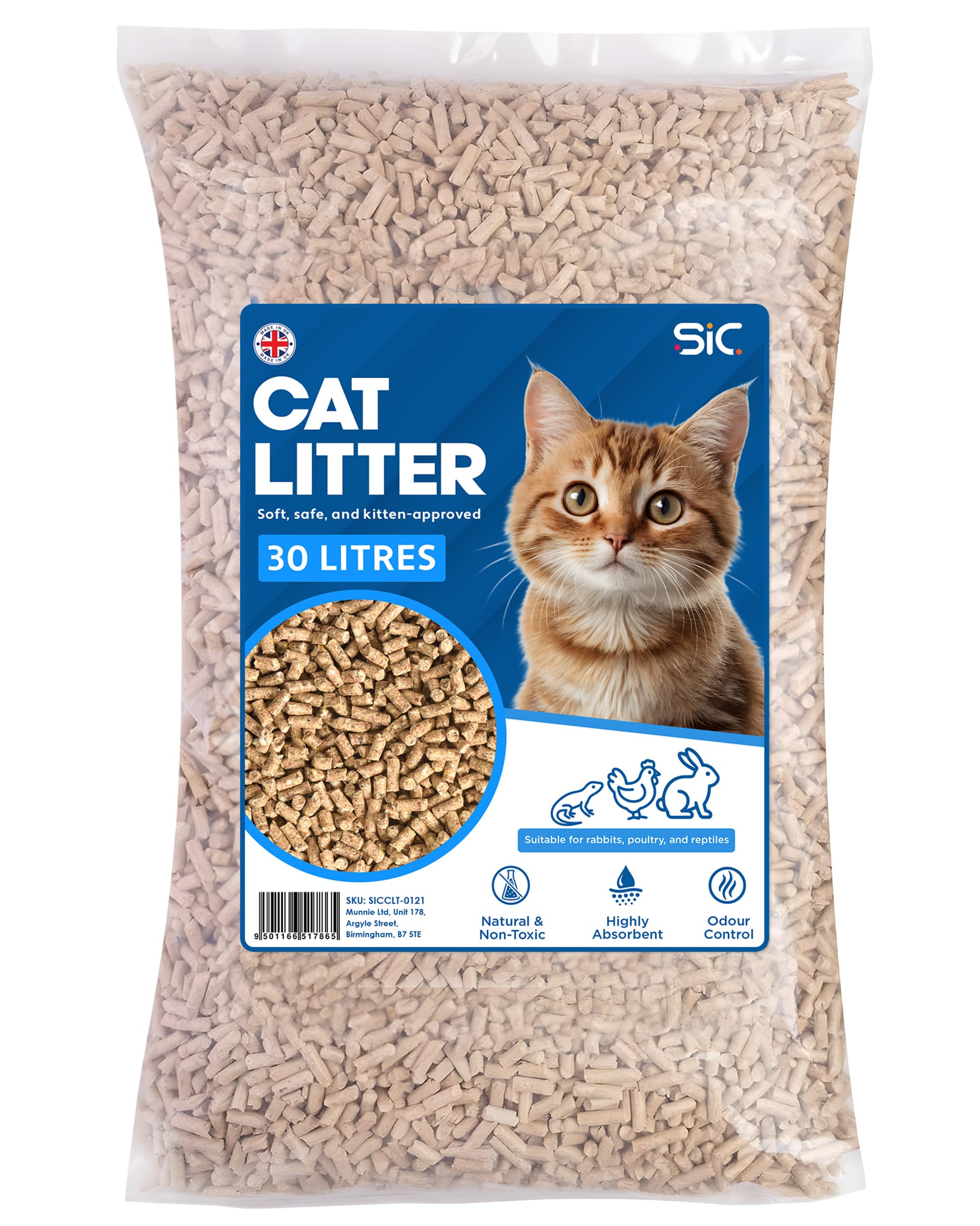 SIC Cat Litter 30L – Biodegradable Wood Pellet Cat Litter, Dust-Free & Unscented, Non-Clumping, Odour Control for Cats & Kittens, Natural, Soft Wood Pellets for Paws & Tray Freshness