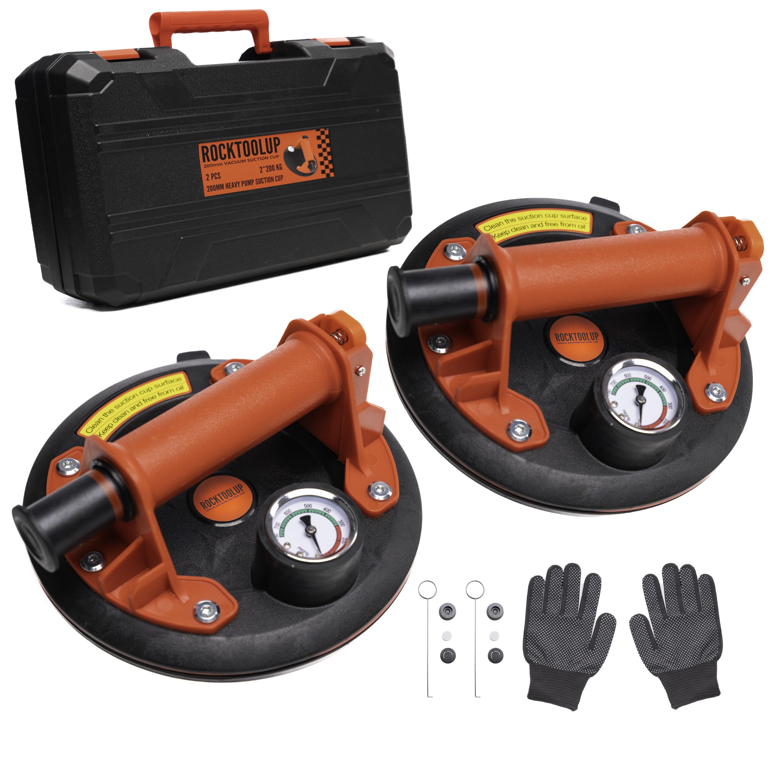 2 Ventouses Carrelage RockToolUp 200mm avec Manomètre | Capacité jusque 400kg, Professionnelles, Pour Carreaux, Pare-brise, Meuble, Déménagement, Kit & Malette incluse