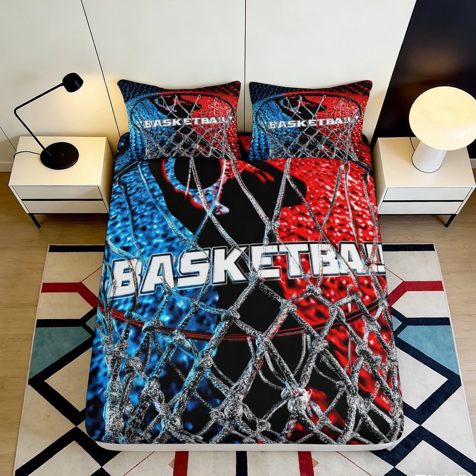 Jqzkxnhpbr Style-2 3D Printed Basketball Court Fitted Sheet Microfiber Soft Non Slip Red Blue Graphic Bed Cover For Bedroom Dorm Mattress Decor 90X200x25cm