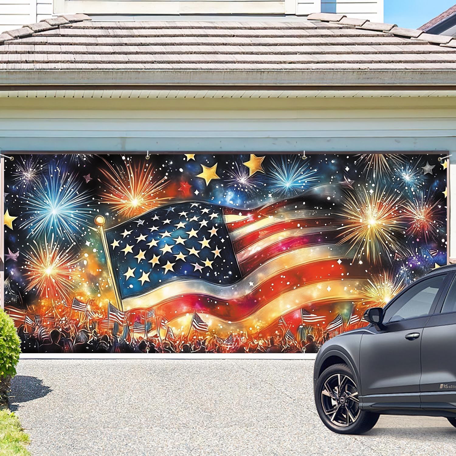 ANNA QUEEN Garage Door Banner 6x13FT, Large Patriotic Garage Door Cover with Flag & Fireworks Outdoor, Garage Decoration for Parties Home Decor