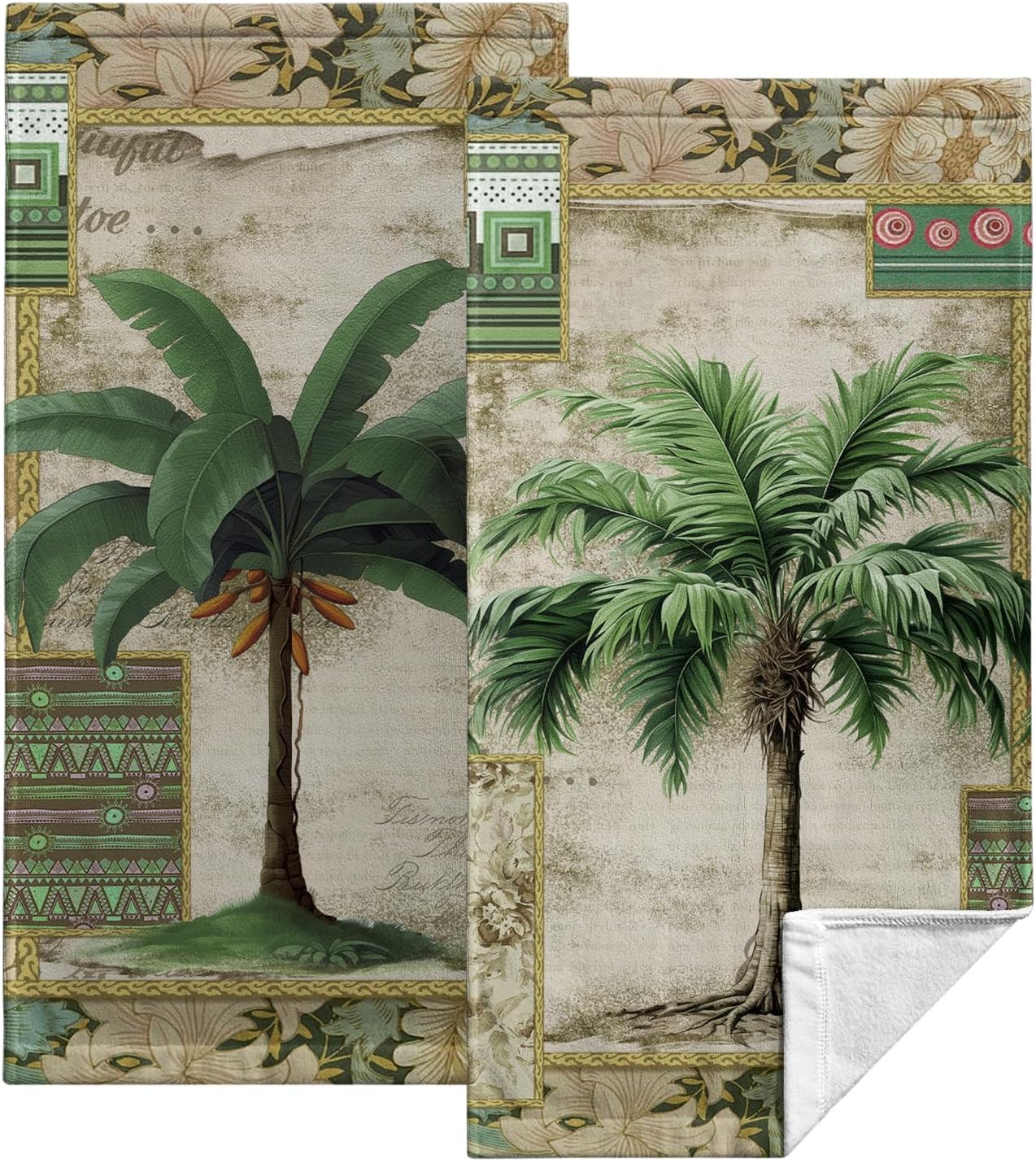 Tropical Palm Tree Hand Towels and Hanging Kitchen Towels Set of 2