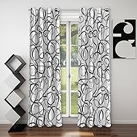 Vista 1 de Cortinas geométricas negras, grises y blancas, juego de 2 paneles de línea abstracta, patrón de arte moderno, tratamiento de ventana, oscurecimiento