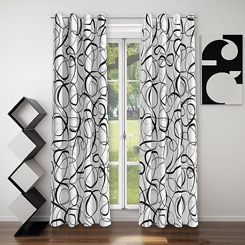 Juego de 2 paneles de cortinas geométricas negras, grises y blancas, línea abstracta, patrón de arte moderno, tratamiento de ventana, oscurecimiento