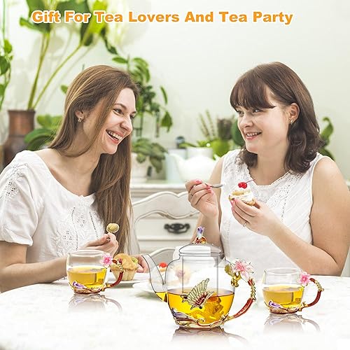 Miniatura 5 de Tetera de vidrio esmaltado de flores de lirio de 46 onzas  44.0 fl oz para mujer, tetera floral con infusor de hojas de té sueltas extraíble, tetera