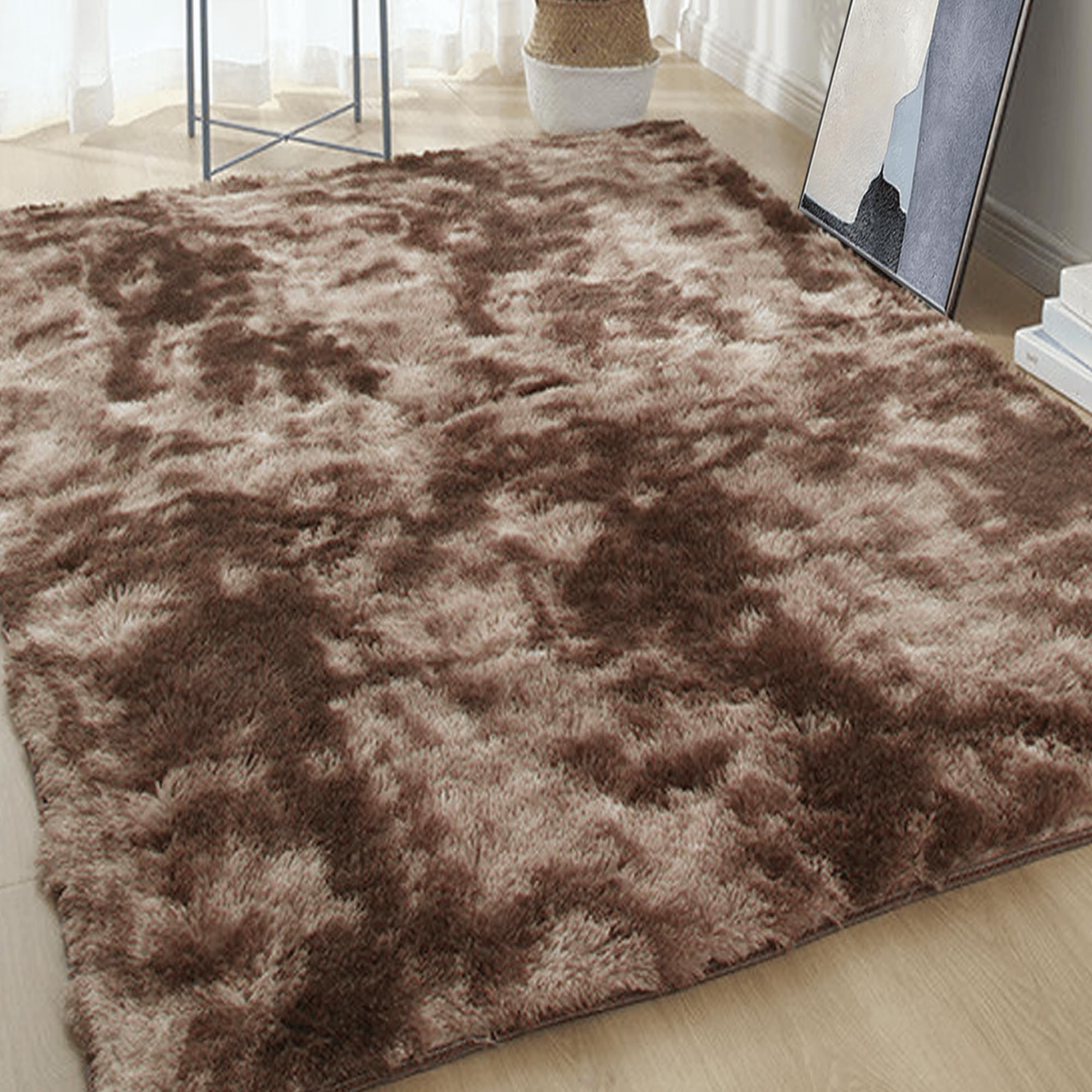 Tapis salon shaggy marron 180x370 cm à poil long pour chambre