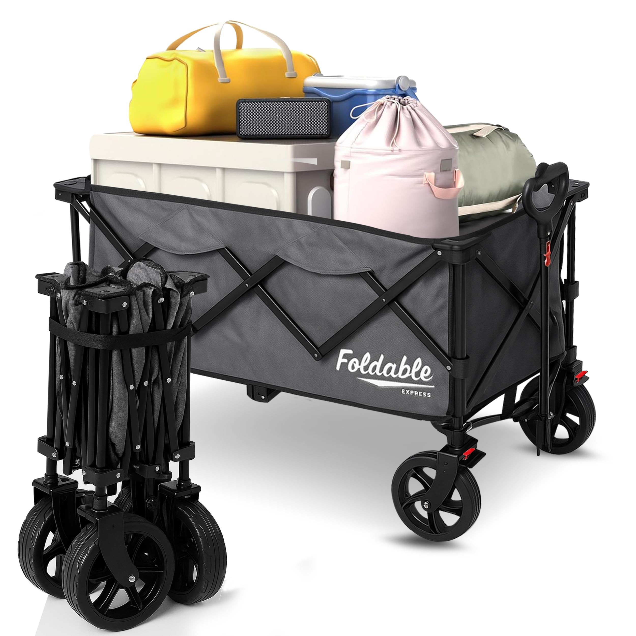 Lapp Wagons 39" Extra-Long Collapsible Folding Wagon Cart, Heavy-Duty 360 lb Utility Wagon with Wheels, Foldable Beach Wagon for Camping, Garden,