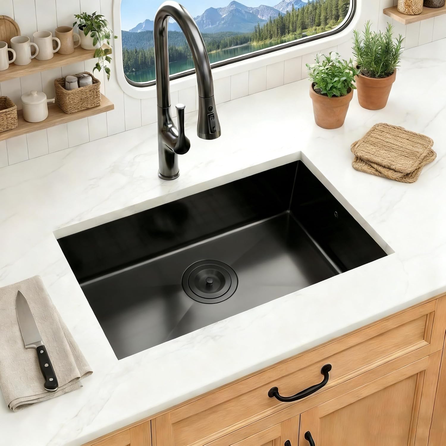 MILOSEN Black RV Kitchen Sink, 27''×16''×7'' 16 Gauge T304 Stainless Steel Drop-in/Undermount Black RV Sink, Single Bowl Sinks for Caravans/Campervans & Site Cabins, 7 inch Depth Outdoor Trailer Sinks
