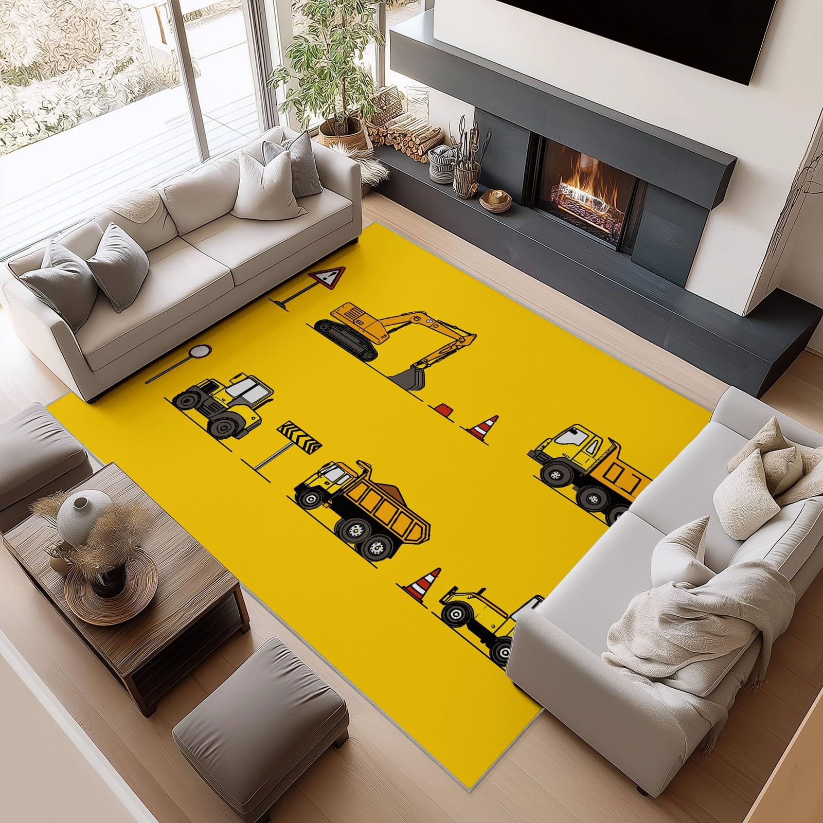 Tappeto Salotto Veicolo Da Costruzione Giallo 80x150cm Morbido Tappeto Scendiletto Camera da Letto Tappeti Lavabili per Soggiorno Cameretta Bambino Ufficio
